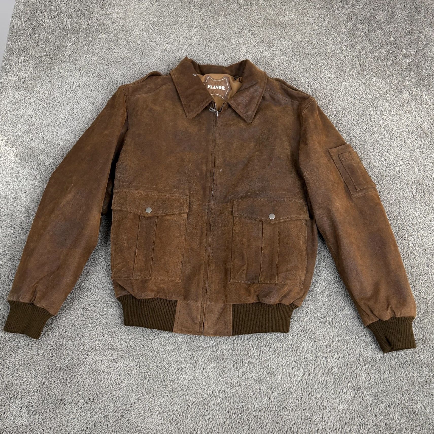 Vintage FLAVOR Jacket Mens Medium Brown Leather Bomber USA Flag Lined Full Zip Ribbed Size US M / EU 48-50 / 2 - 2 Thumbnail