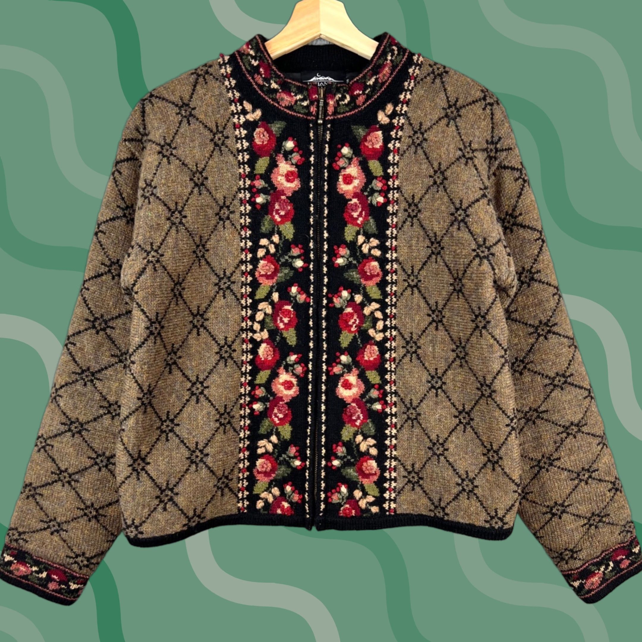 Icelandic Design 100% Wool Floral Embroidery Zip Front Sweater Women's S Cardigan