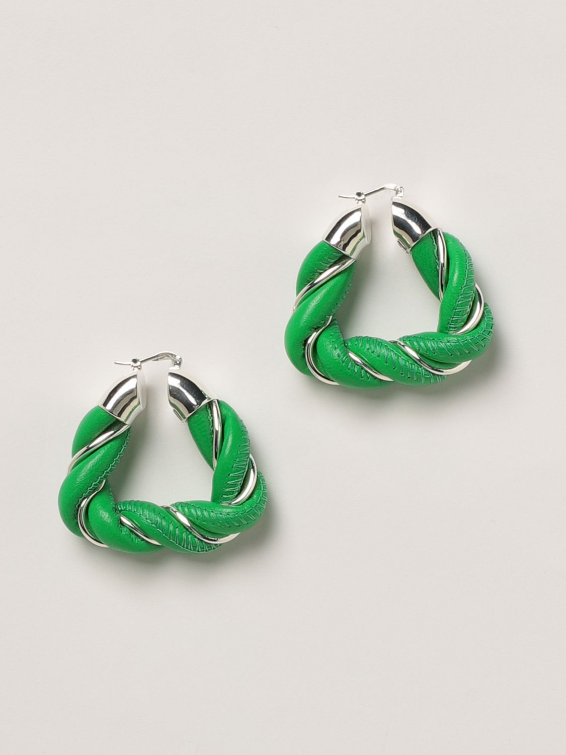 image of Bottega Veneta Twist Triangle Green Leather Silver Earrings, Women's