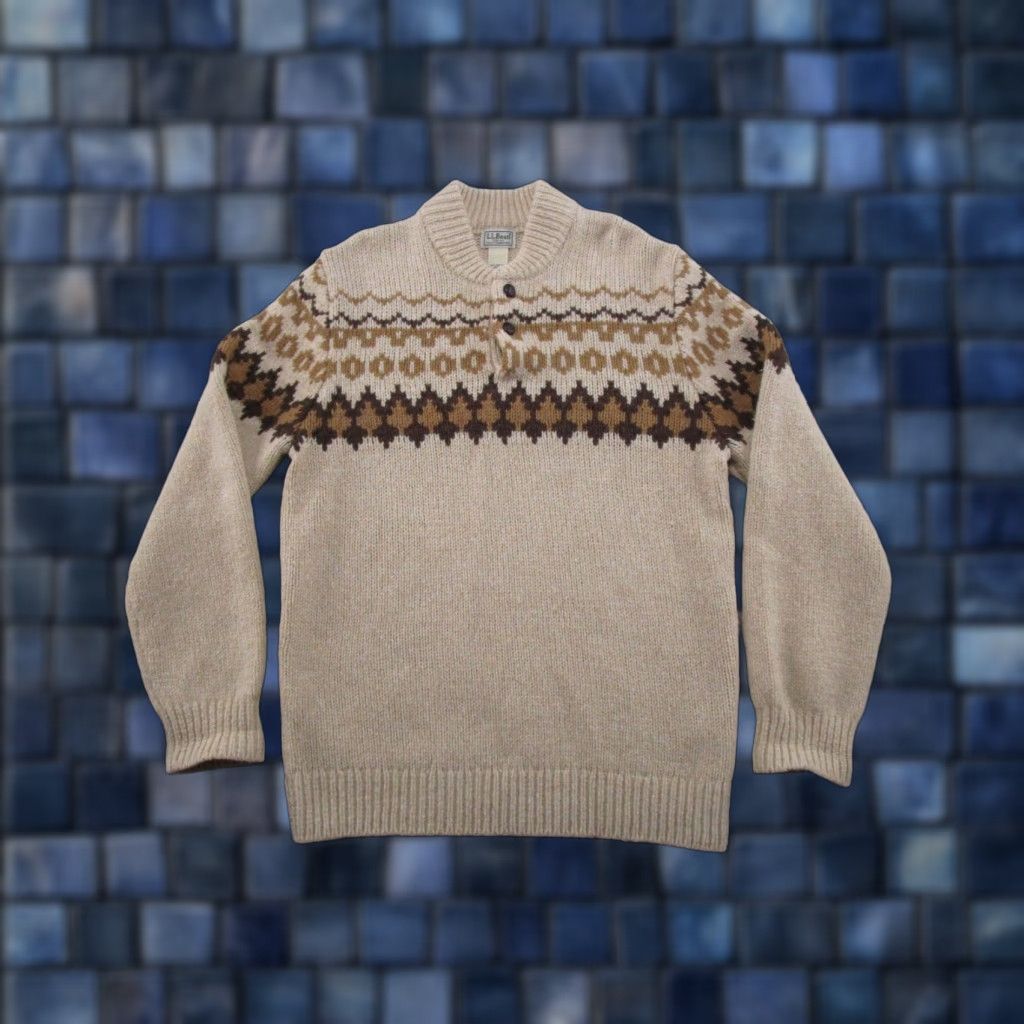 Vintage LL Bean 100% Lambswool Sweater Mens M Brown Fair Isle Henley Knit Pullover Size US M / EU 48-50 / 2 - 1 Thumbnail