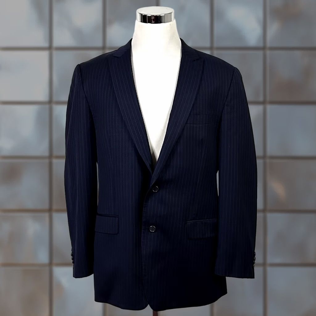 Michael Kors Michael Kors 44L Suit 36x30 Flat Front Navy Pinstriped Wool Two Button Vented Mens Regular 2 Piece Wool Suit Blue Pinstriped Navy 44L Mens Suit Size 44R - 1 Thumbnail