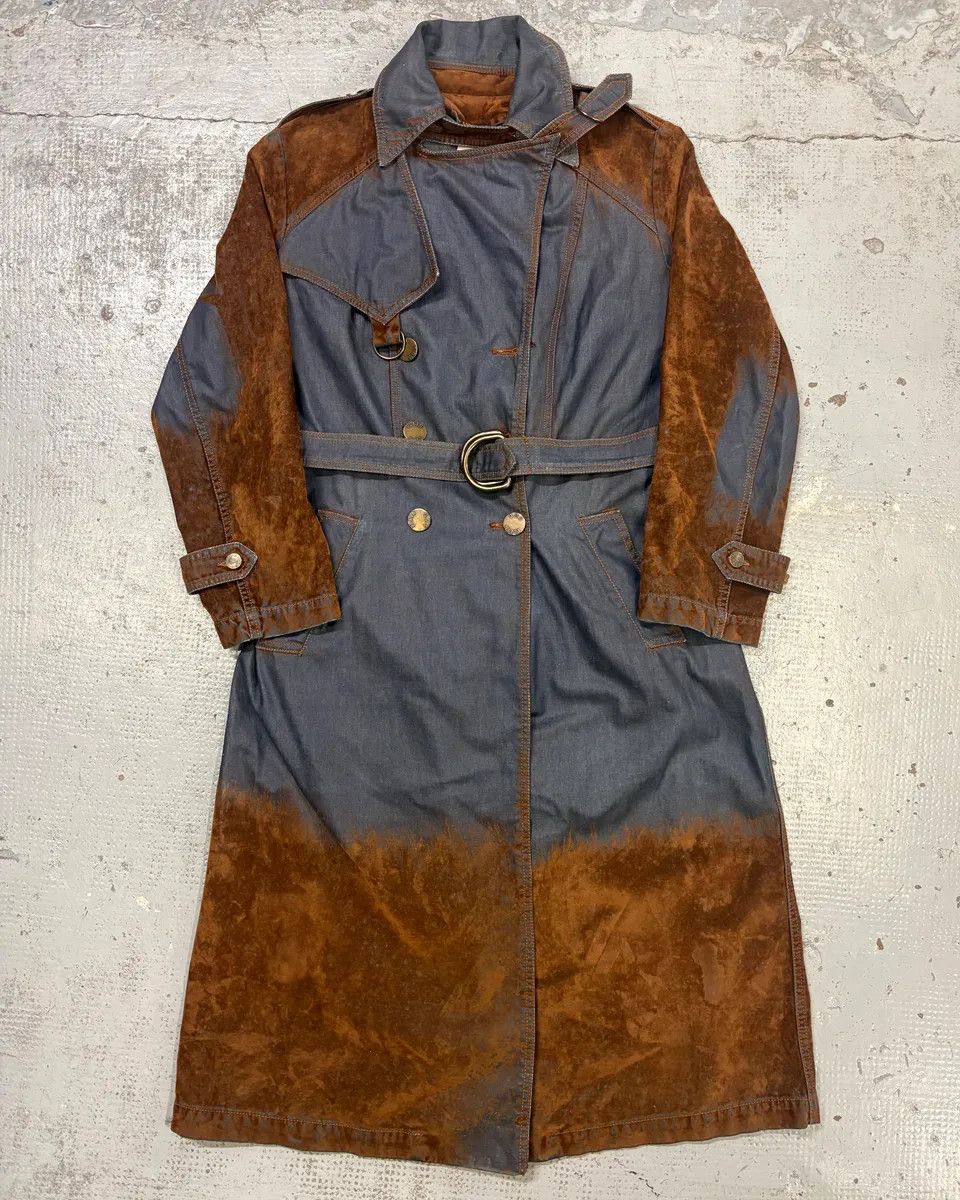 Vintage 2000s Plein Sud Brown Suede Waxed Denim Two-Tone Trench Coat Size M / US 6-8 / IT 42-44 - 1 Thumbnail