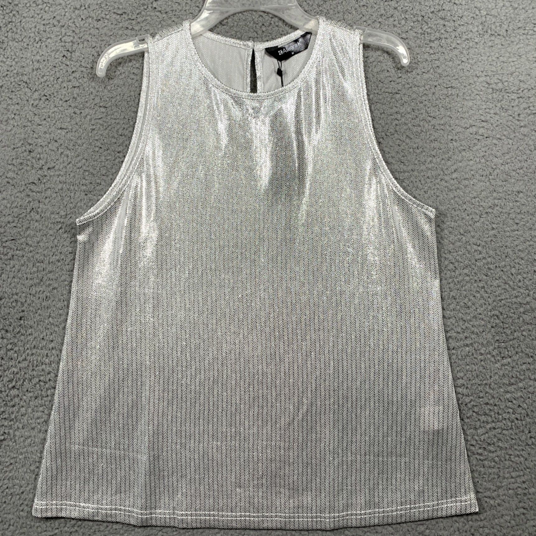 Vintage Allegra K Top Women's M White Silver Shiny 1 Button Closure Machine Washable Tank Blended Polyester Spandex Size M / US 6-8 / IT 42-44 - 2 Thumbnail