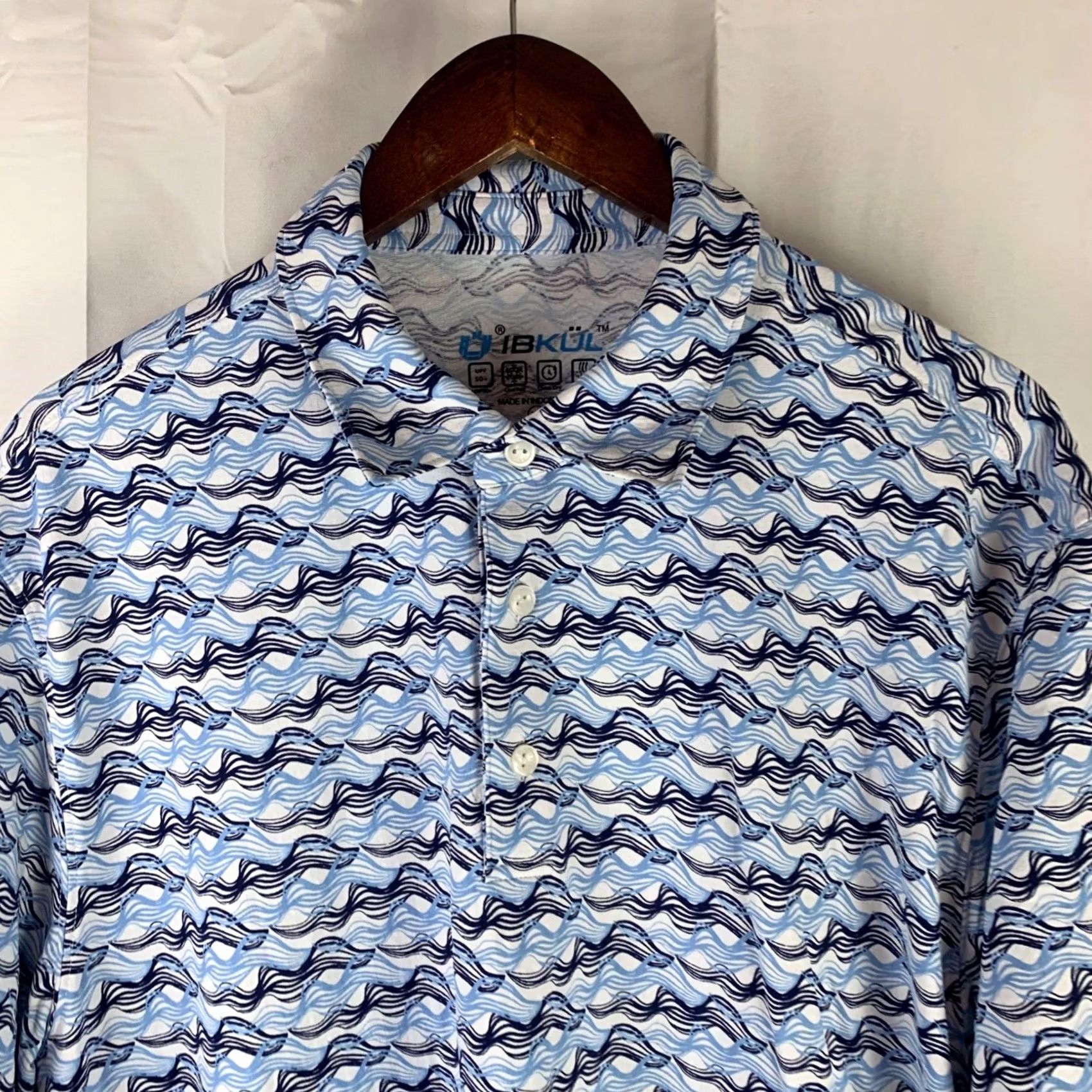 Vintage IBKUL Polo Shirt Mens XL Blue Wave Print UPF 50+ Performance Short Sleeve Size US XL / EU 56 / 4 - 2 Thumbnail