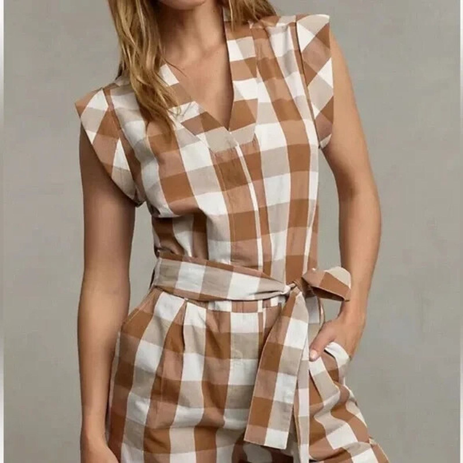 Anthropologie Whit Two Womens Brown Cream Gingham Romper XS