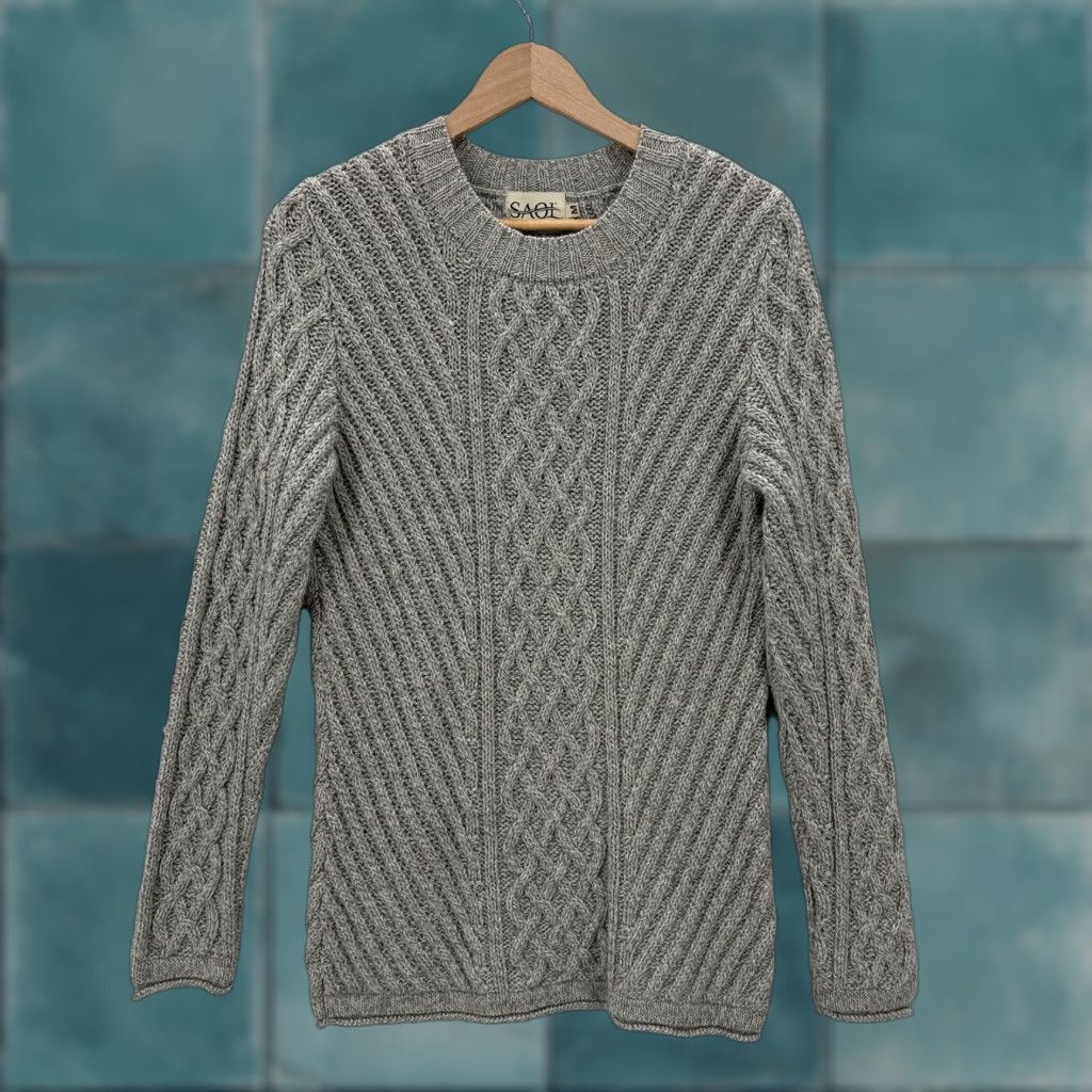Vintage SAOL Sweater Womens Medium Gray Wool Blend Cable Knit Crewneck Fisherman Ireland Size M / US 6-8 / IT 42-44 - 1 Thumbnail
