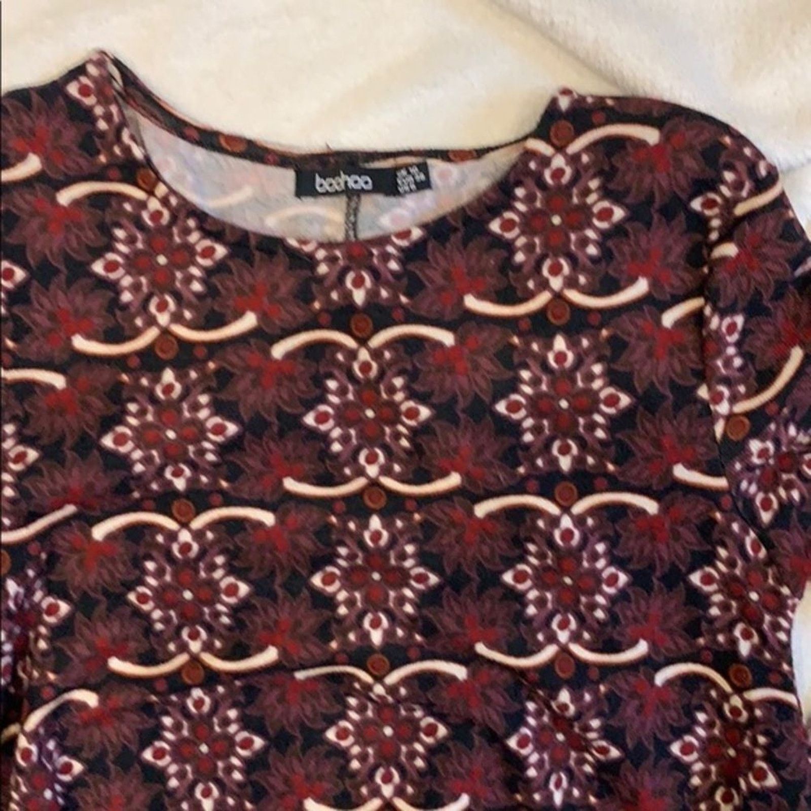 Boohoo Boohoo Maroon Print Long Sleeve Swing Dress | Sz 6 Size M / US 6-8 / IT 42-44 - 3 Thumbnail