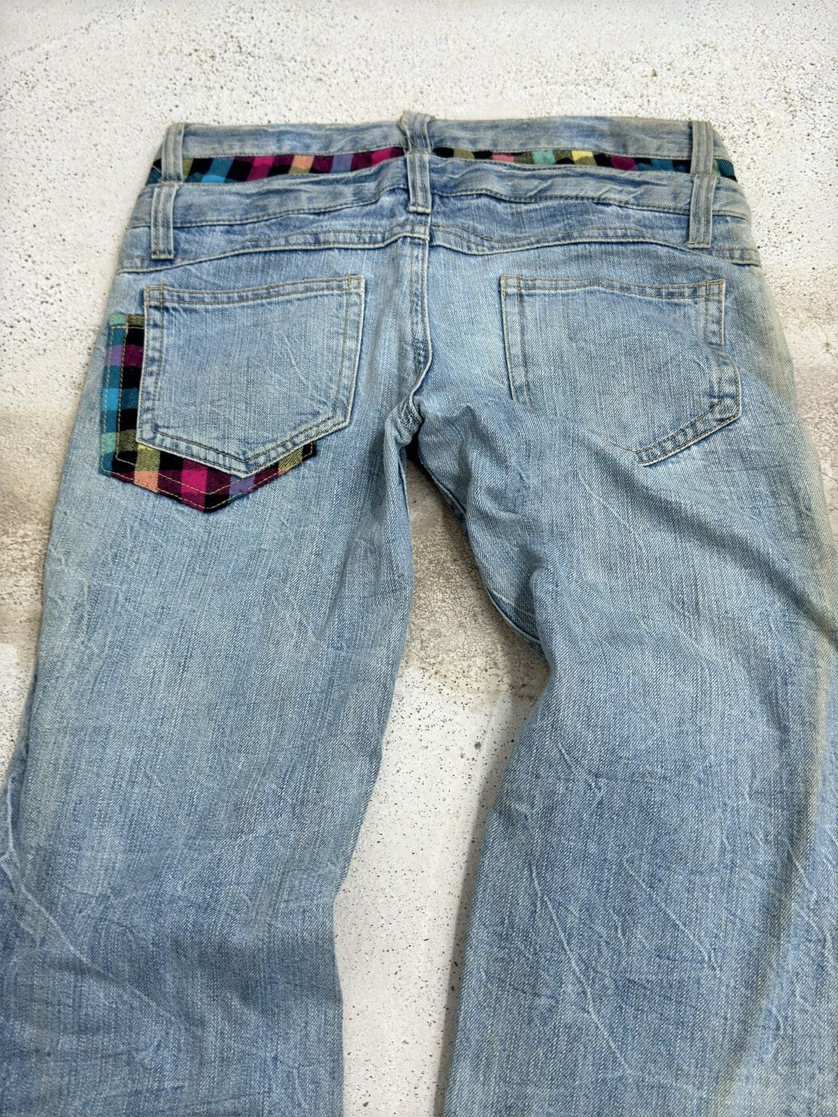 Hysteric Glamour Japanese Y2K Double Waist Plaid Patches Sun Faded Denim Size US 31 - 8 Thumbnail