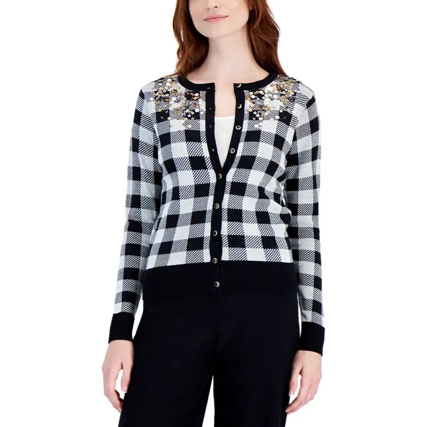 Other Charter Club Plaid Sequined Cardigan, Cloud Combo, XS Size XS / US 0-2 / IT 36-38 - 1 Thumbnail