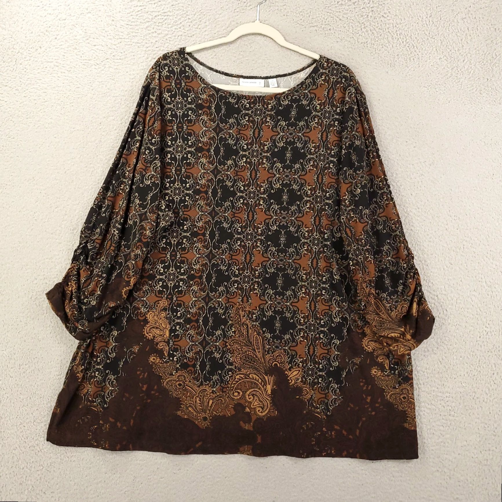 Vintage Susan Graver Blouse 3X Women's Black Brown Geometric Ruched Long Sleeve Boat Neck Top Size XXL / US 16-18 / IT 52-54 - 2 Thumbnail