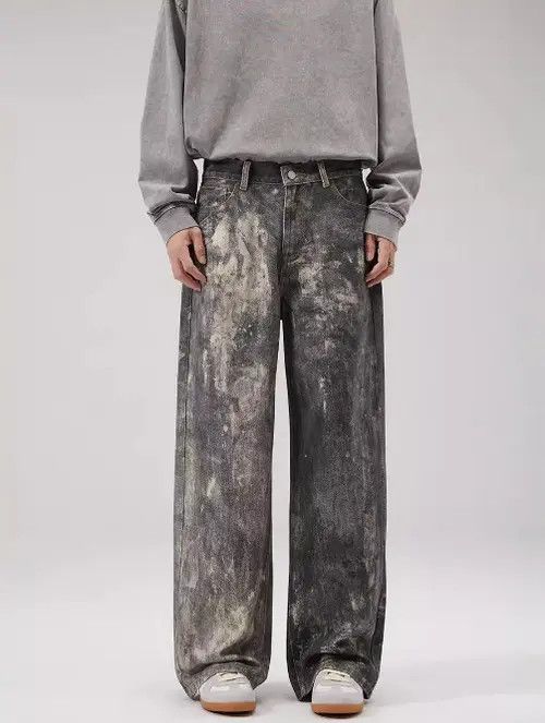Japanese Brand × Jean Ink-splashed black American men's loose straight baggy jeans Size US 34 / EU 50 - 1 Thumbnail