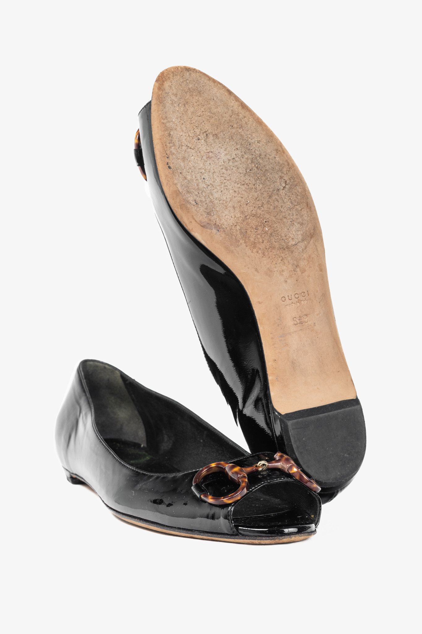 Gucci Gucci Black Patent-Leather Tortoise-Horsebit Peep-Toe Flats Size US 6.5 / IT 36.5 - 5 Thumbnail