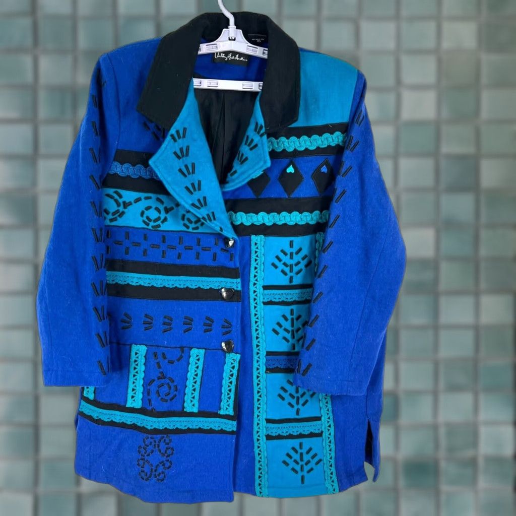 Vintage VINTAGE Anthony Mark Hankins Wool Coat Jacket Overcoat 2X Blue Embroidered Geometric Women Size XXL / US 16-18 / IT 52-54 - 1 Thumbnail