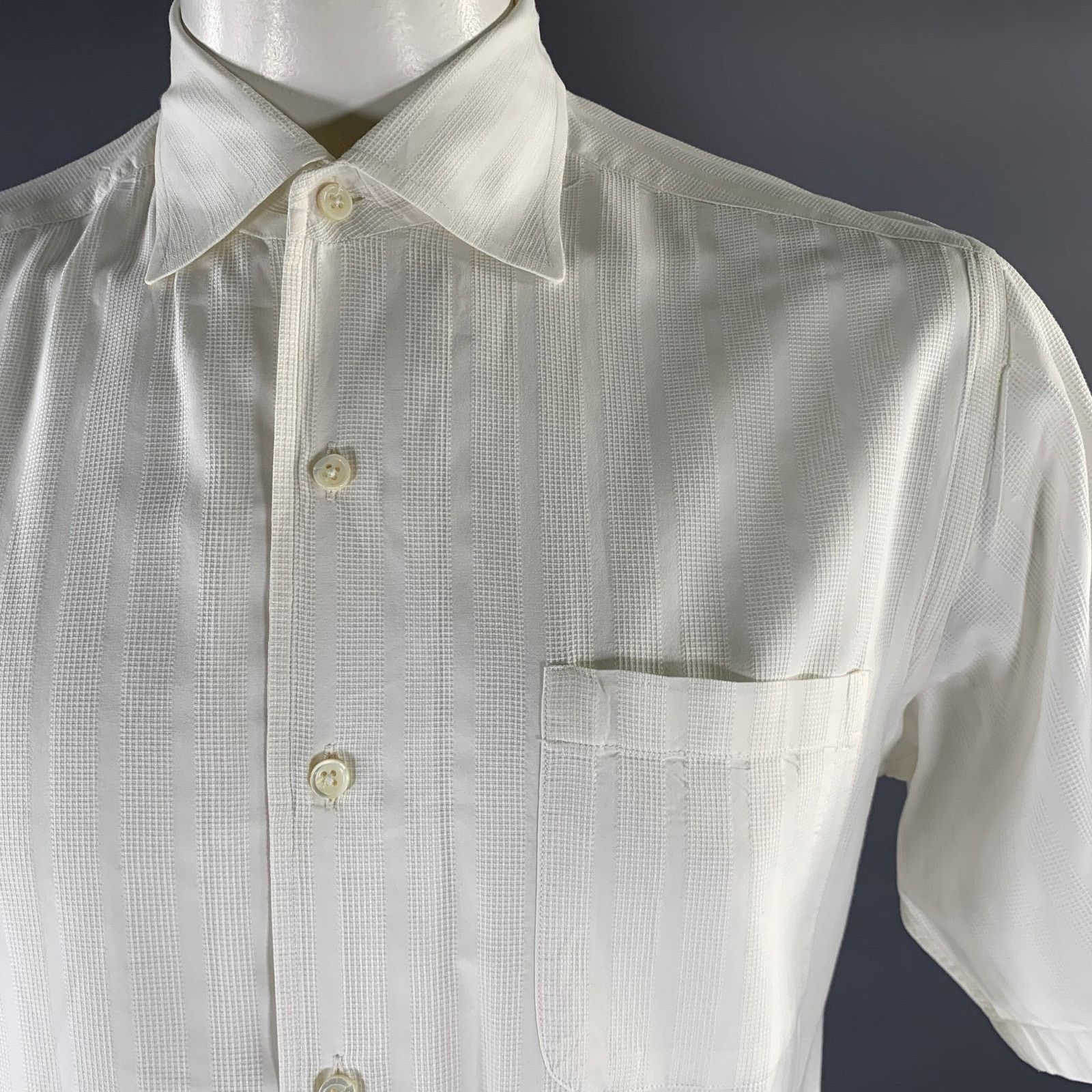 Ermenegildo Zegna ERMENEGILDO ZEGNA L White Stripe Cotton Short Sleeve Shirt Size US L / EU 52-54 / 3 - 2 Thumbnail