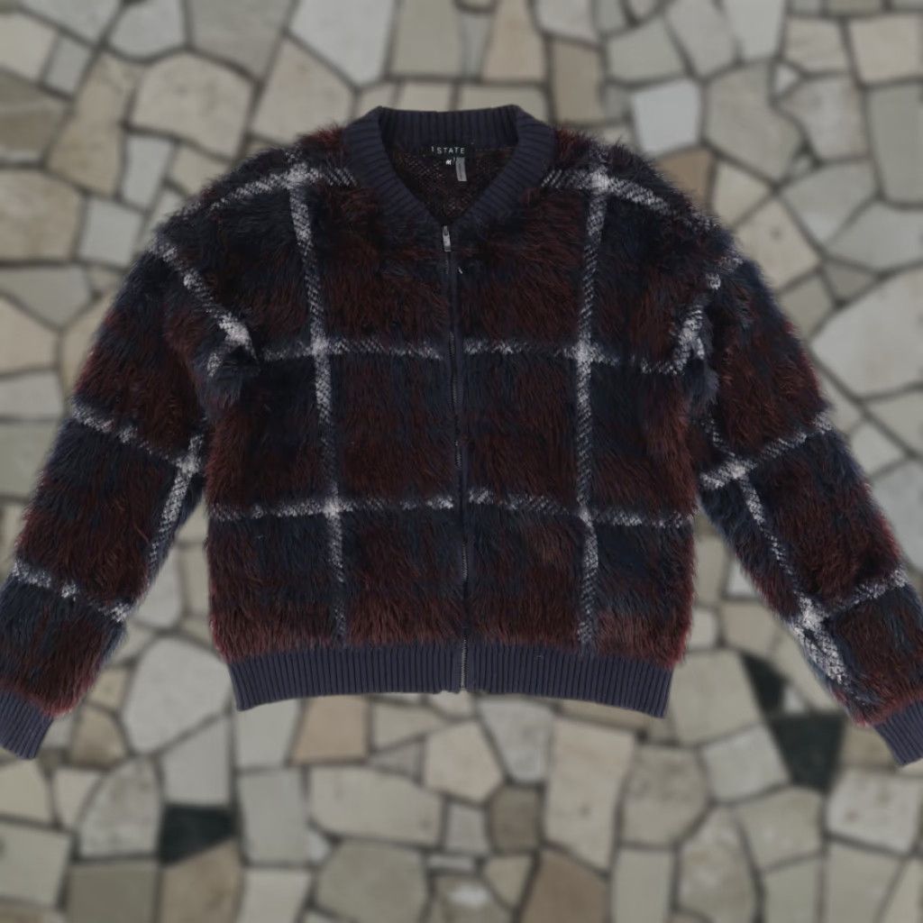 Vintage 1.State Faux Fur Full Zip Plaid V-Neck Sweater Jacket Women's M Navy Blue M Ease Size M / US 6-8 / IT 42-44 - 1 Thumbnail