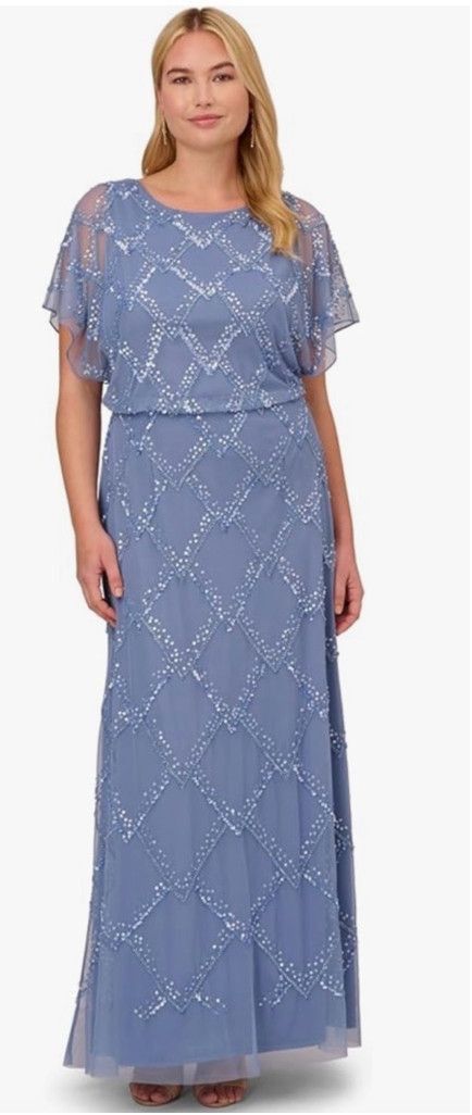 Women's Adrianna Papell Blue Beaded Blouson Gown Size 12