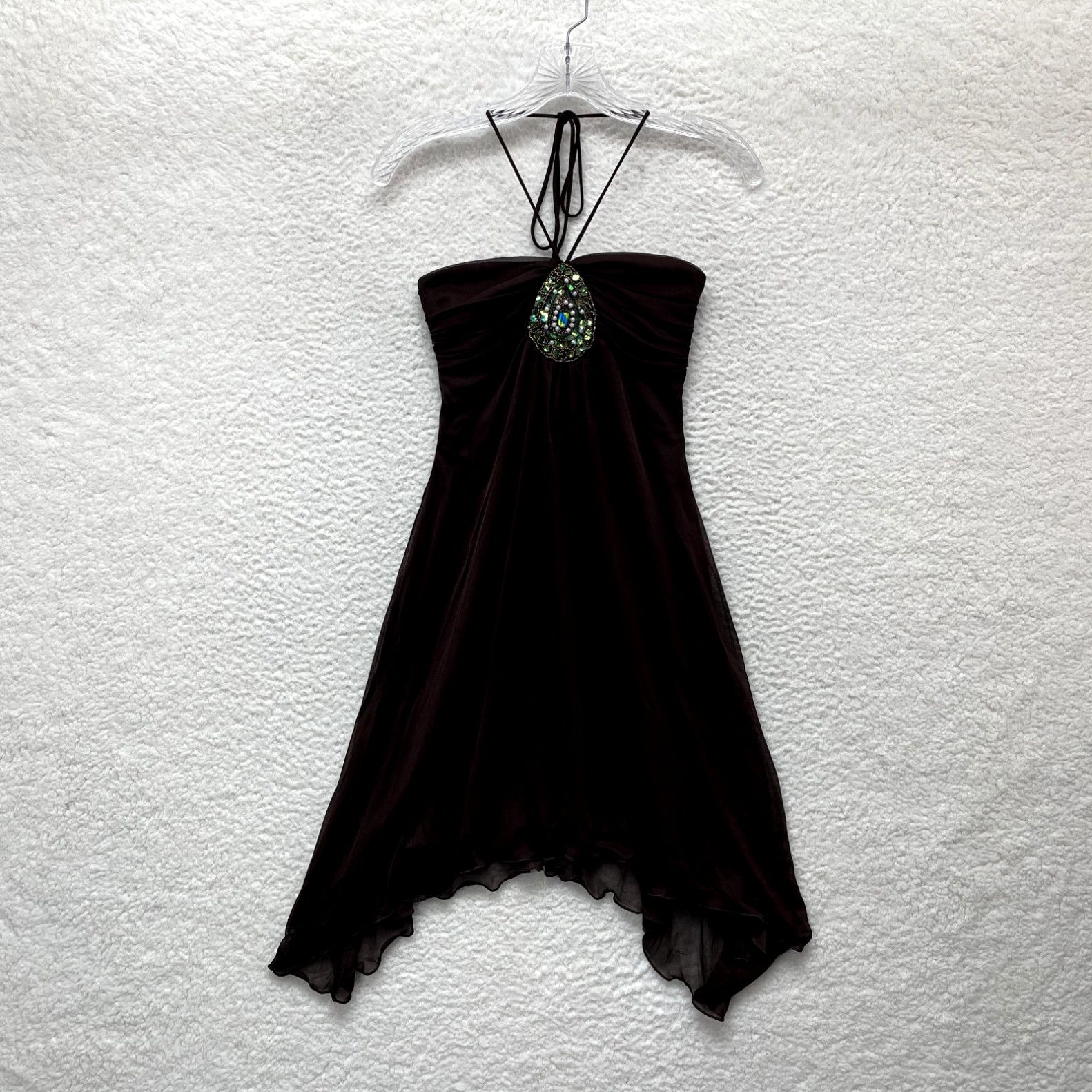 Image of 90's Y2K Vintage Fairy Grunge Halter Dress Xs Brown Mesh Sequin Asymmetrical in White, Women's