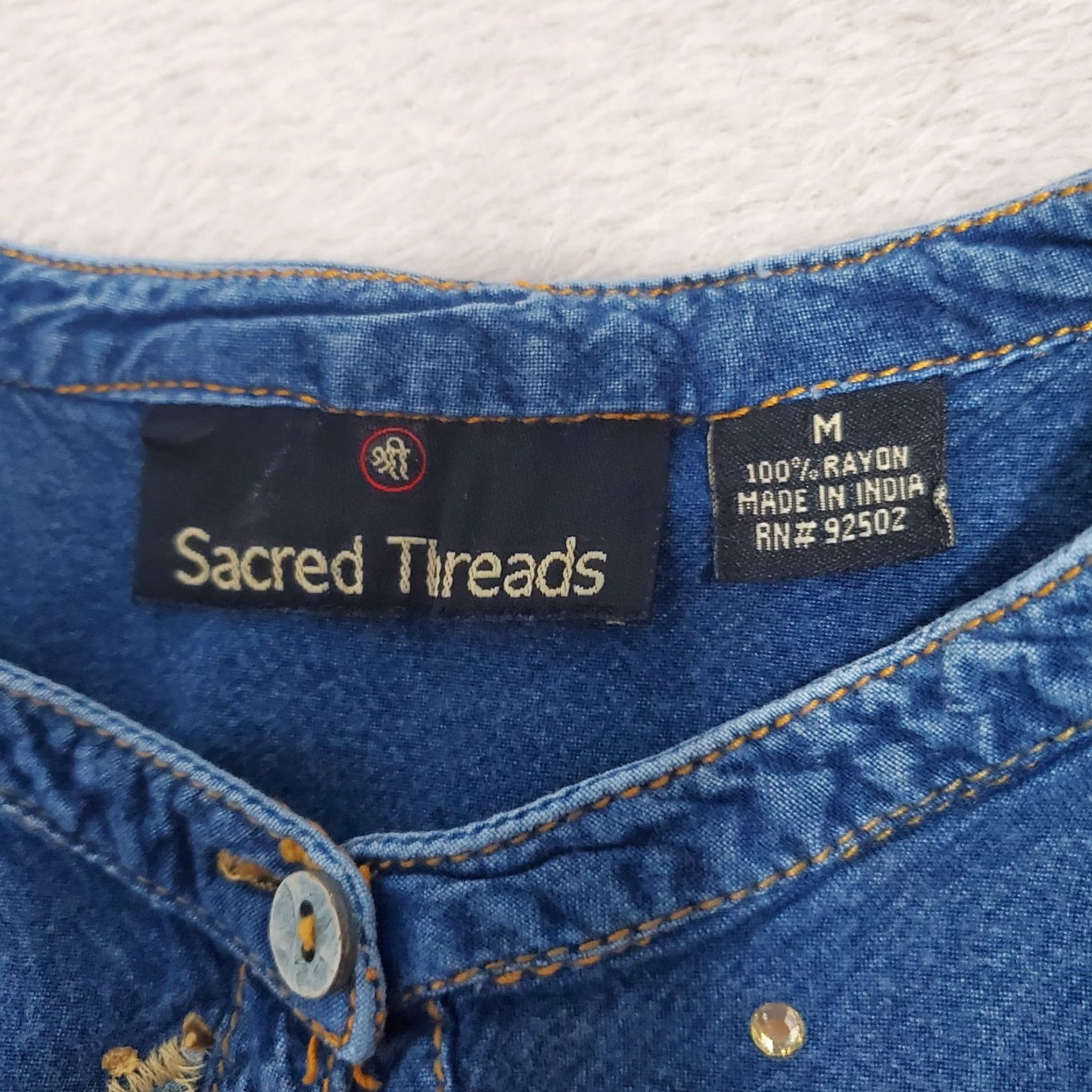Vintage Sacred Threads Shirt Women M Blue Chambray Patchwork Southwestern Oversized Button Up Kokopelli Rhinestone Size M / US 6-8 / IT 42-44 - 3 Thumbnail