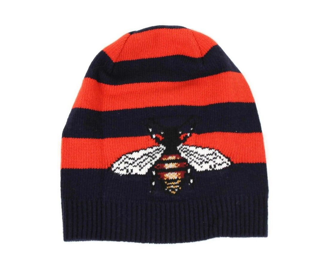 Men's Blue / Red Striped Wool Knit Beanie Hat With Large