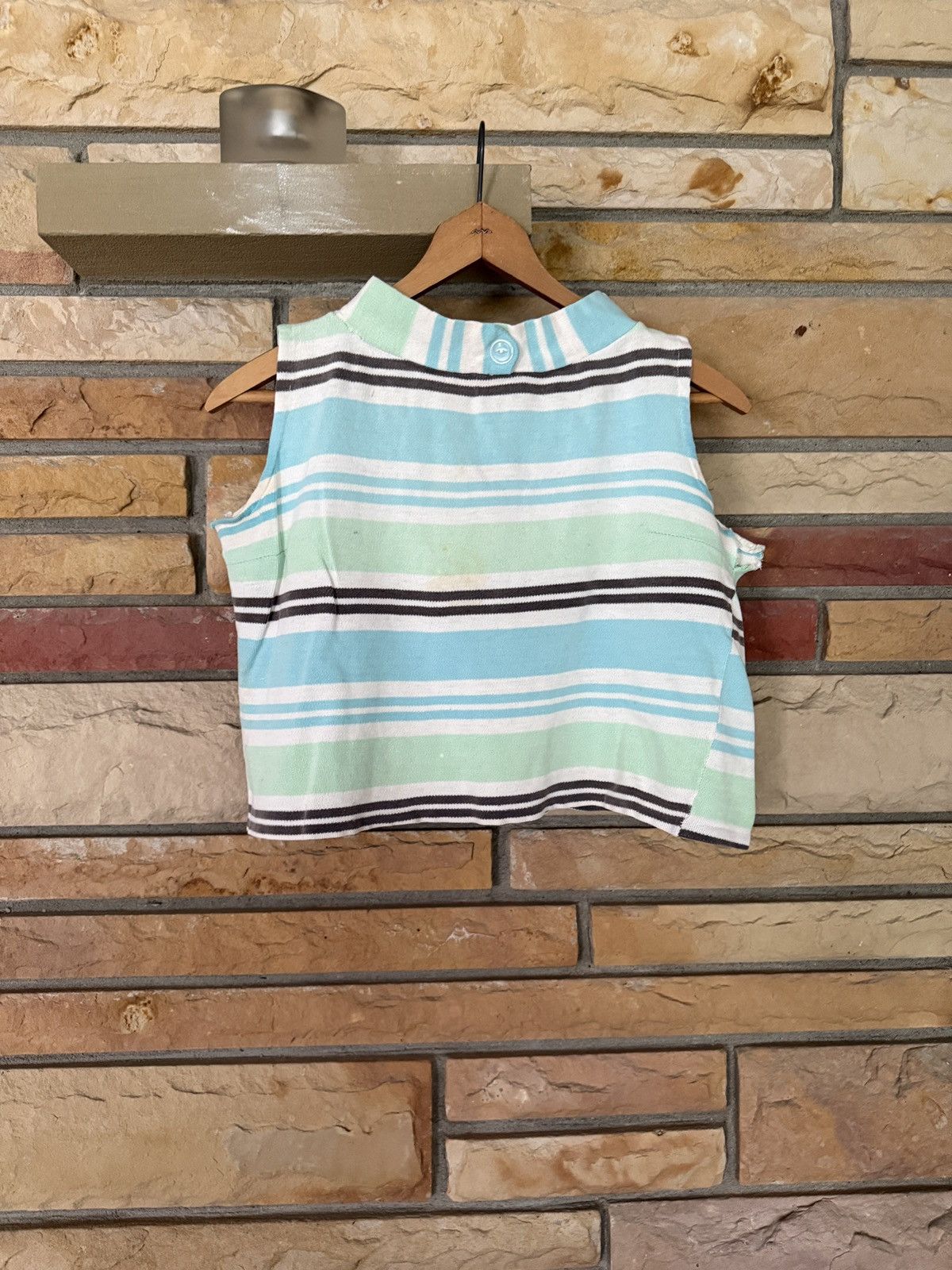 Vintage Vintage 70s Striped Cropped Woven Knit Tee Size L / US 10 / IT 46 - 2 Thumbnail