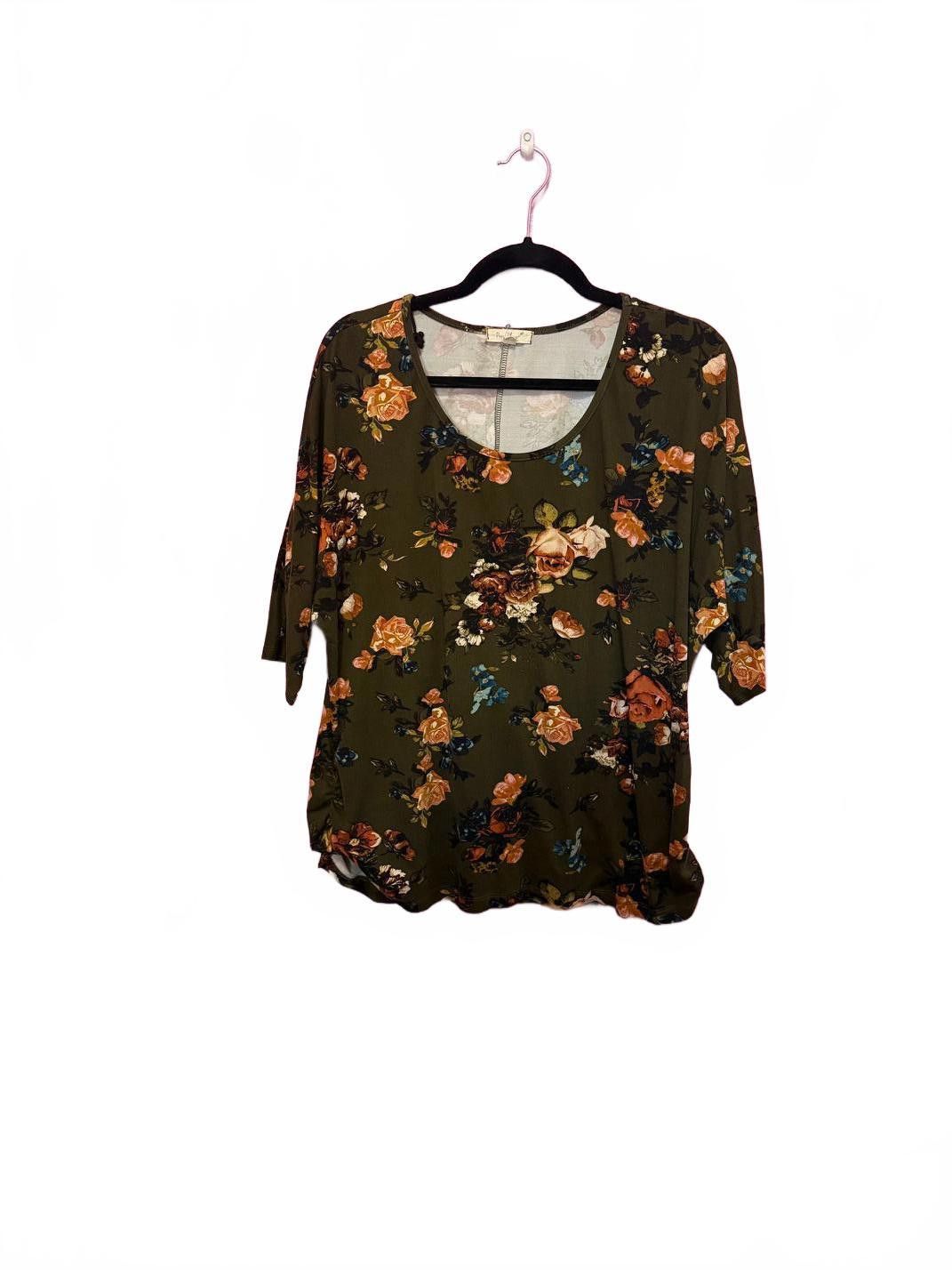 Designer Floral Print Olive Green Top Size XL / US 12-14 / IT 48-50 - 1 Thumbnail