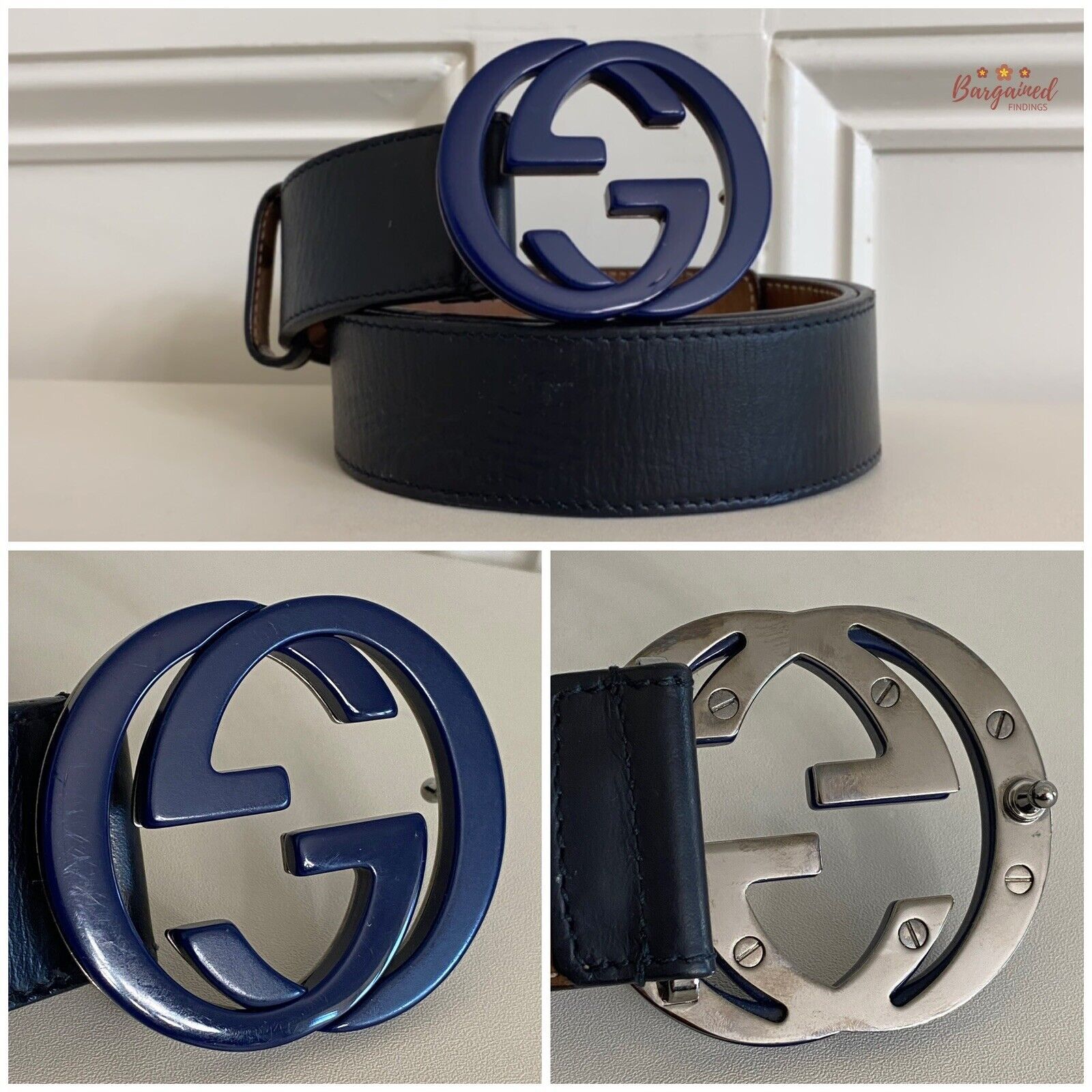 Gucci GUCCI Black Calfskin Leather Blue Interlocking G Buckle Belt Size 32 - 9 Thumbnail