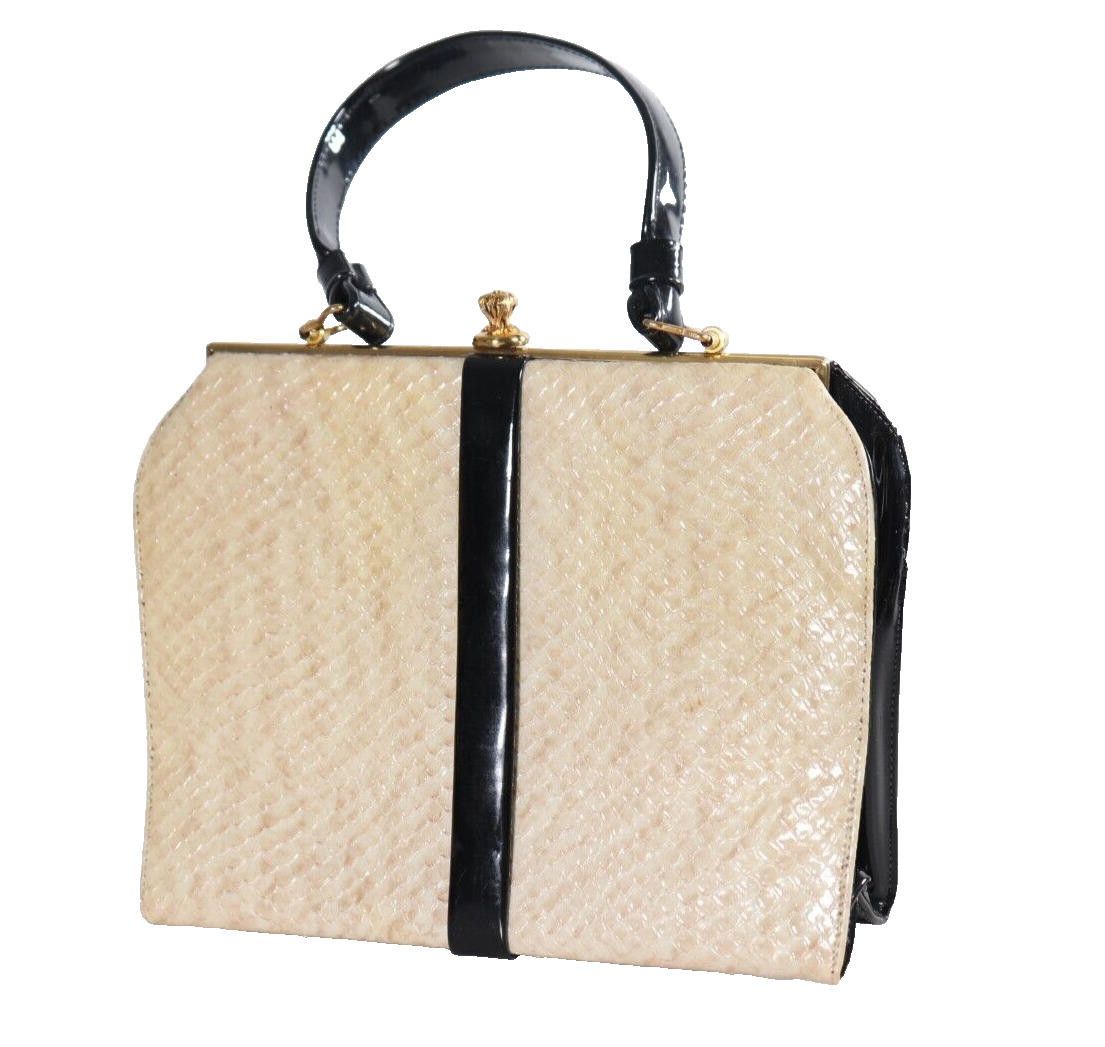 Designer Vintage Cream Black Patent Faux Snake Skin Handbag Purse Bag Size ONE SIZE - 4 Thumbnail
