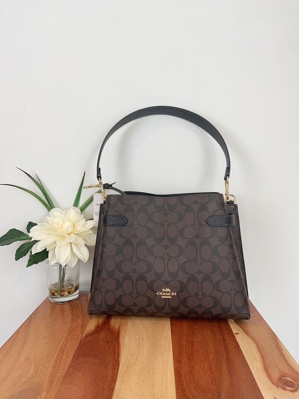 image of NWT Coach Hanna Shoulder Bag In Signature Canvas in Black Brown, Women's