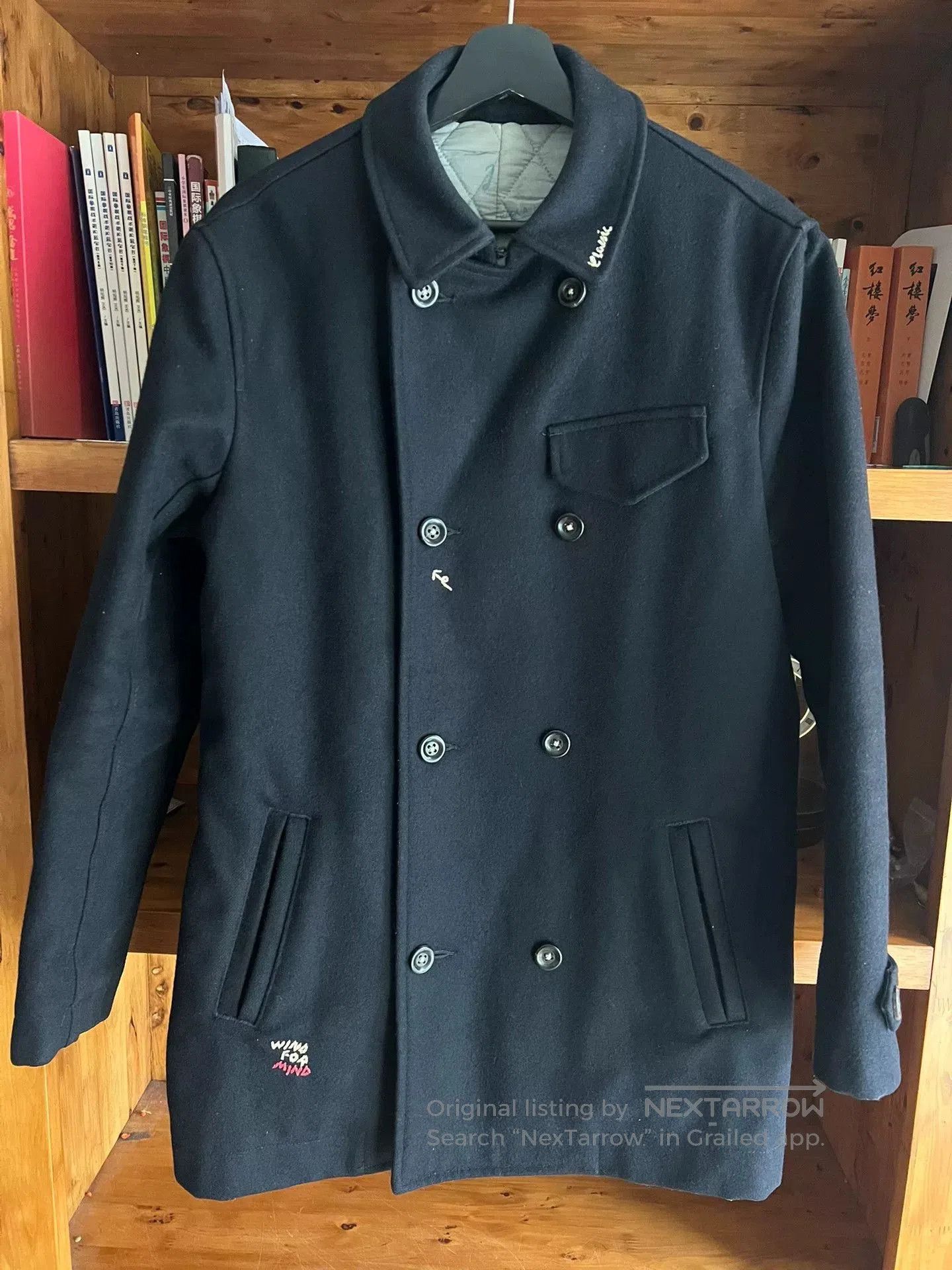 classic black melton wool double-breasted coat.