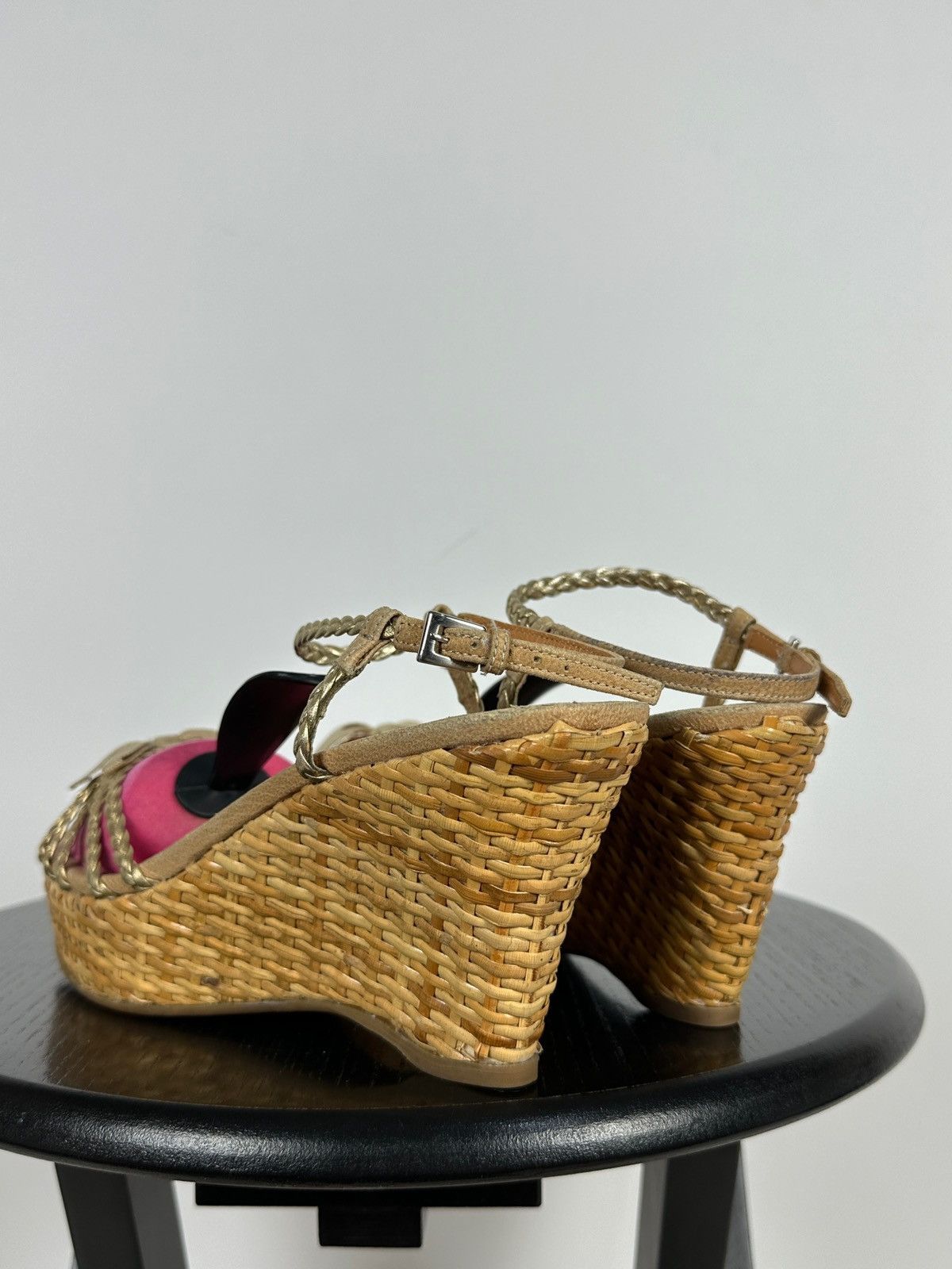Prada Prada Braided Leather Woven Raffia Wedge Ankle Strap Sandals Size US 9.5 / IT 39.5 - 6 Thumbnail