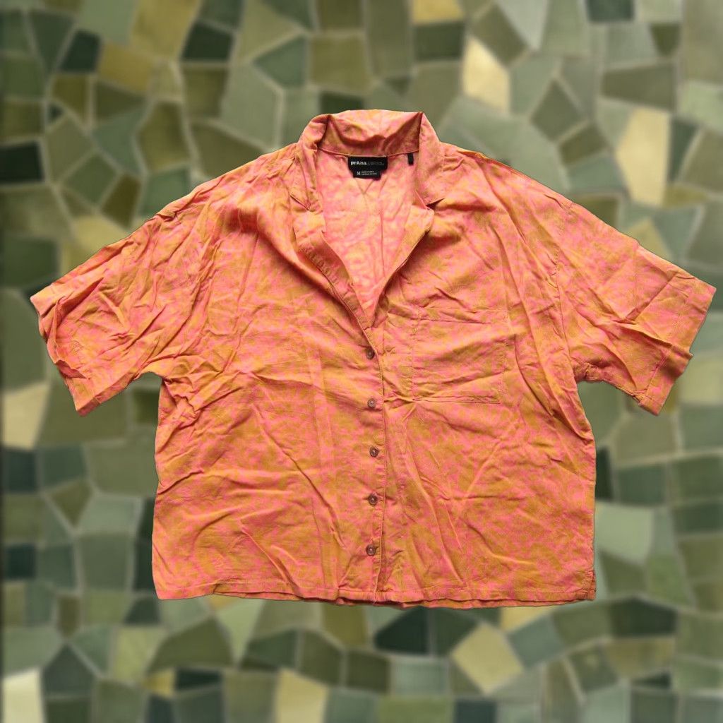 Prana VINTAGE PrAna 100% Rayon Pink Brown Floral Button Up Short Sleeve Crop Blouse Medium Size M / US 6-8 / IT 42-44 - 1 Thumbnail