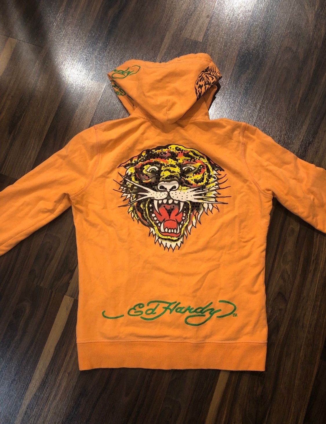 image of Christian Audigier x Ed Hardy Y2K Ed Hardy Rhinestone Tiger Head Hoodie in Orange, Women's (Size Me