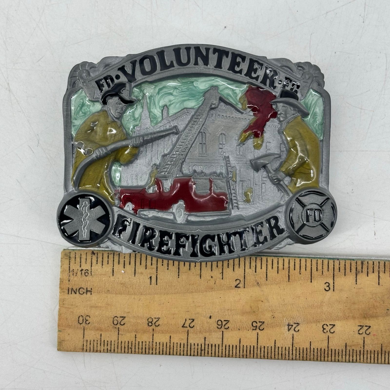 Vintage Volunteer Firefighter Belt Buckle Enamel Great American Size ONE SIZE - 4 Thumbnail