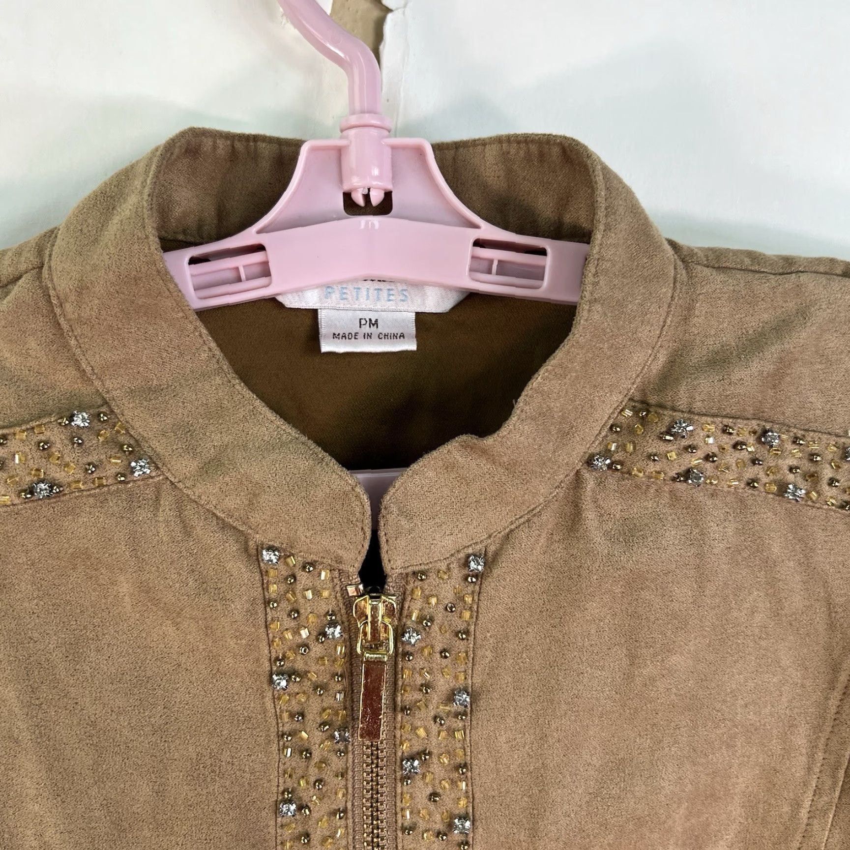 Vintage Draper's & Damon's Tan Vegan Suede Zip Up Embellished Diamond Casual Jacket PM - Women - Blazer - Military - Brown - Petites - Size PM Size M / US 6-8 / IT 42-44 - 3 Thumbnail