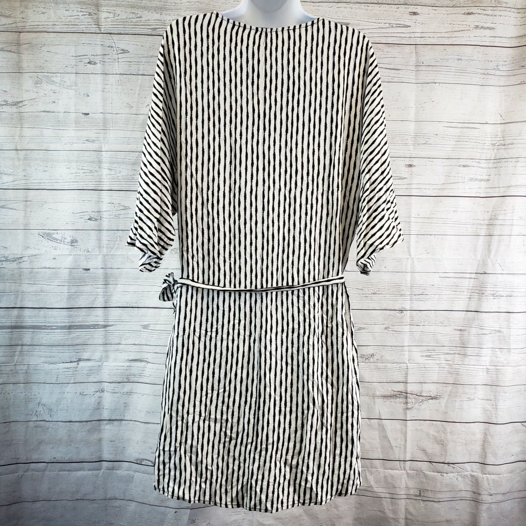 Vintage Just Female Womens Shift Dress XS Black White Stripes Belted Rayon Dress Size XS / US 0-2 / IT 36-38 - 3 Thumbnail