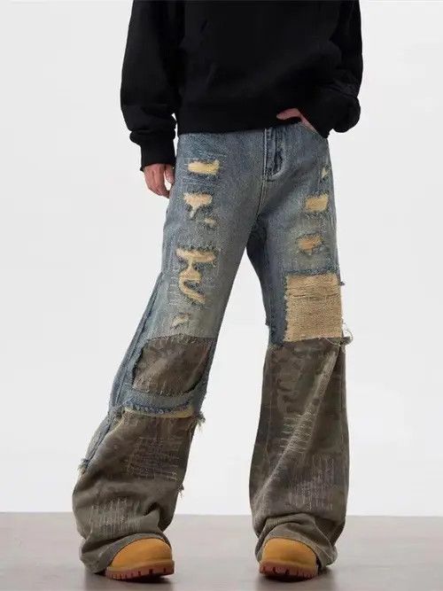 VIBE Distressed Patchwork Baggy Flare Stacked Jeans Size US 32 / EU 48 - 1 Thumbnail