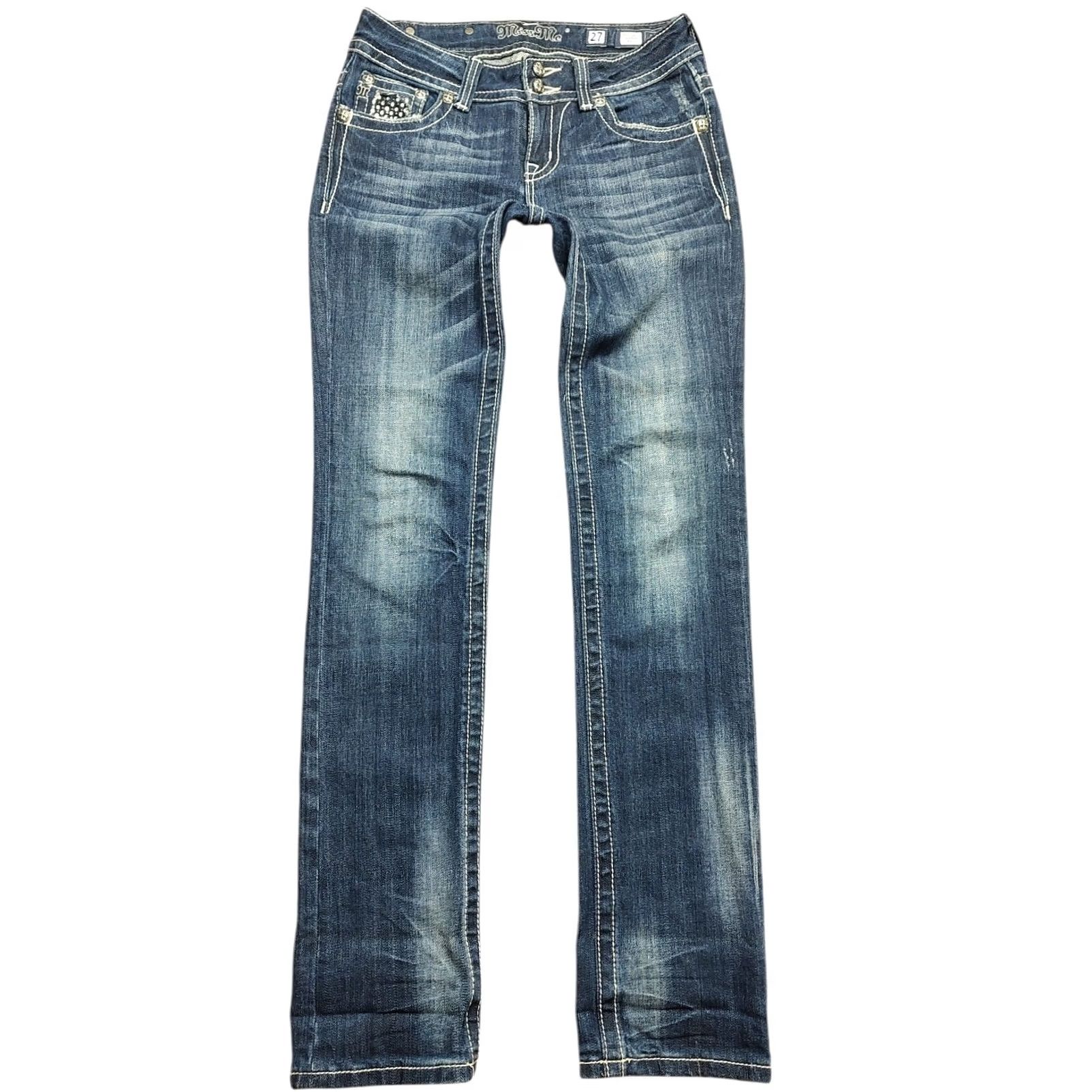 Miss Me Miss Me Jeans Size 27 Straight Denim 5-Pocket Embellished Rhinestone Low Rise Biker Flap Pocket Blue Womens Size 27" / US 4 / IT 40 - 2 Thumbnail
