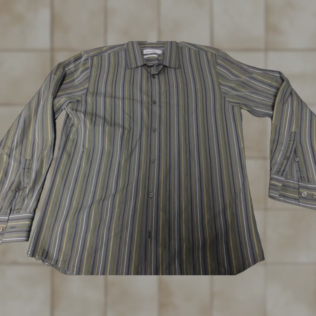 Calvin Klein Calvin Klein Mens Shirt Button-Up Long Sleeve Collared Gray Stripe Knit Cotton Regular M Size US M / EU 48-50 / 2 - 1 Thumbnail