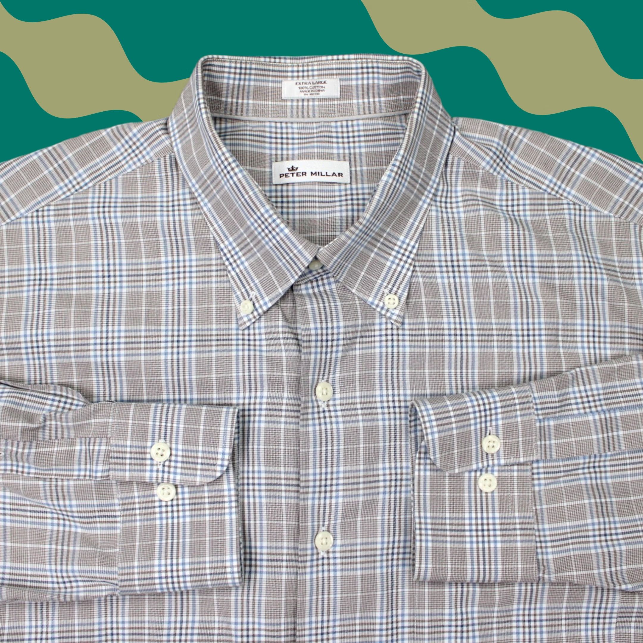 Peter Millar Peter Millar Shirt Mens XL Brown/Blue/White 100% Cotton Long Sleeve Button Down Shirt Size US XL / EU 56 / 4 - 1 Thumbnail