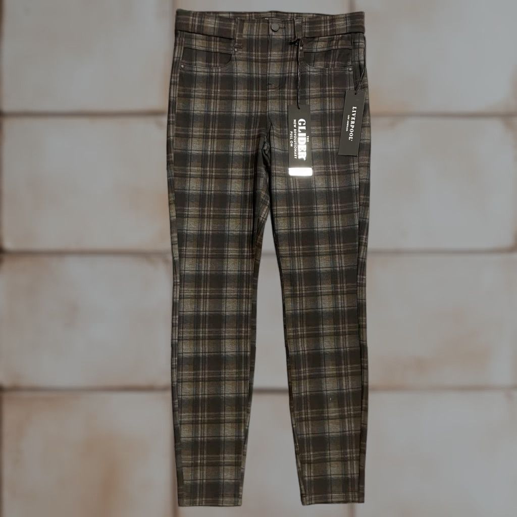 Vintage Liverpool Gia Glider Pants Womens 4/27 Grey Black Blue Plaid Pull On 28" Size 27" / US 4 / IT 40 - 1 Thumbnail