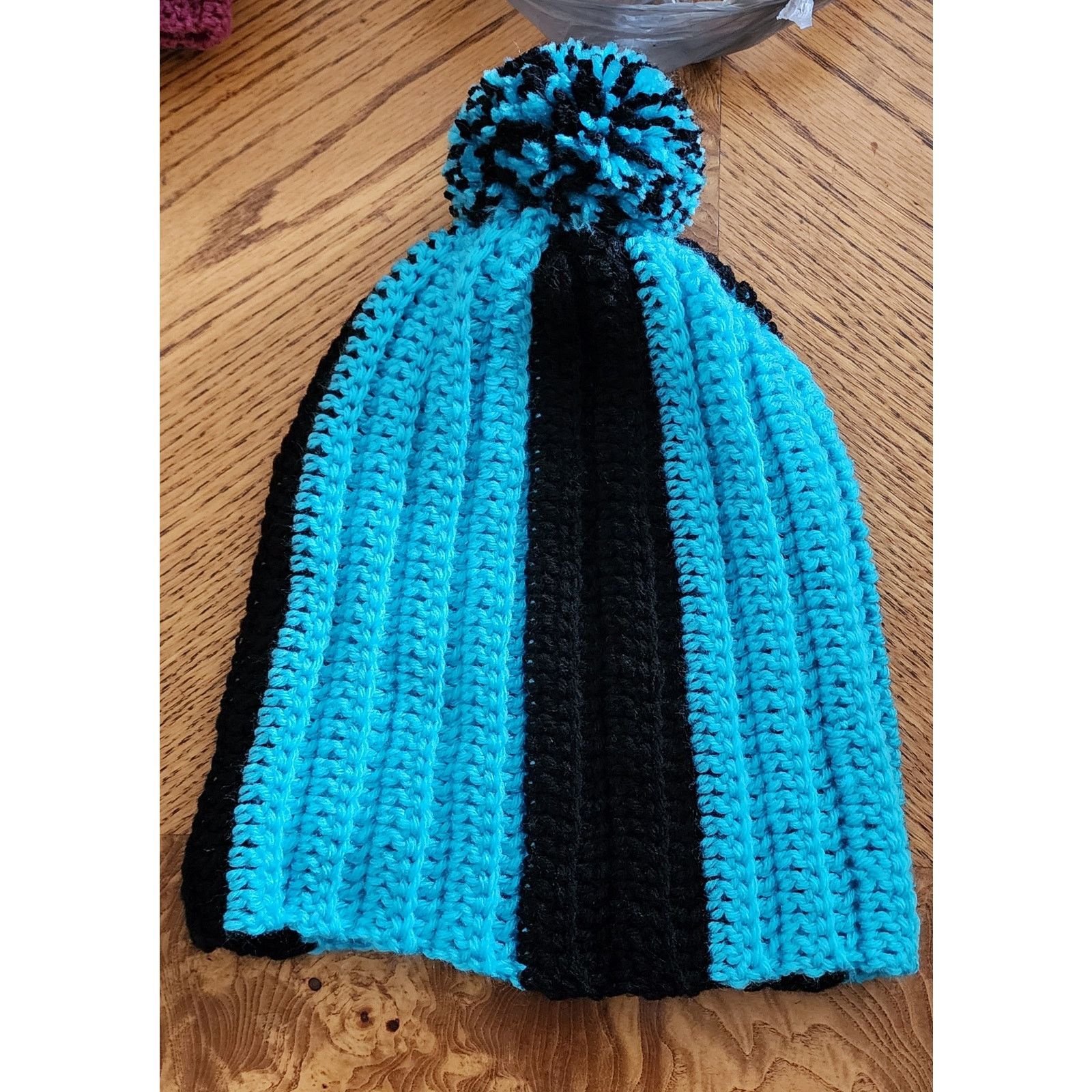 Handmade Handcrafted crocheted blue and black winter beanie. Size ONE SIZE - 4 Thumbnail