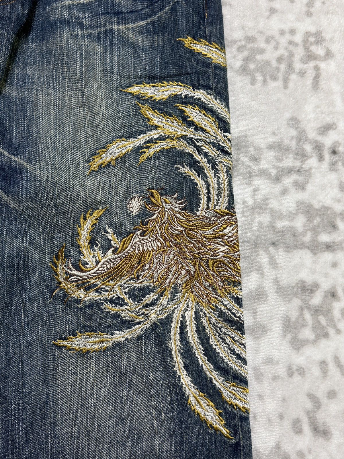 Karakuri Tamashii Bouten Shoten Phoenix Embroidered Straight Fit Denim Jeans Size US 31 - 8 Thumbnail