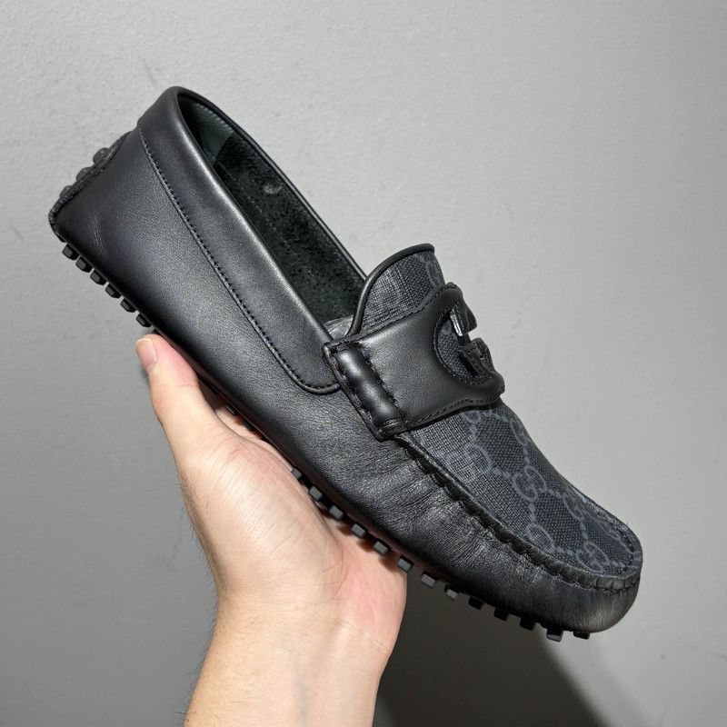 Gucci Gucci Black Leather Interlocking Loafers for Men - Size US 8 / EU 41 - 7 Thumbnail