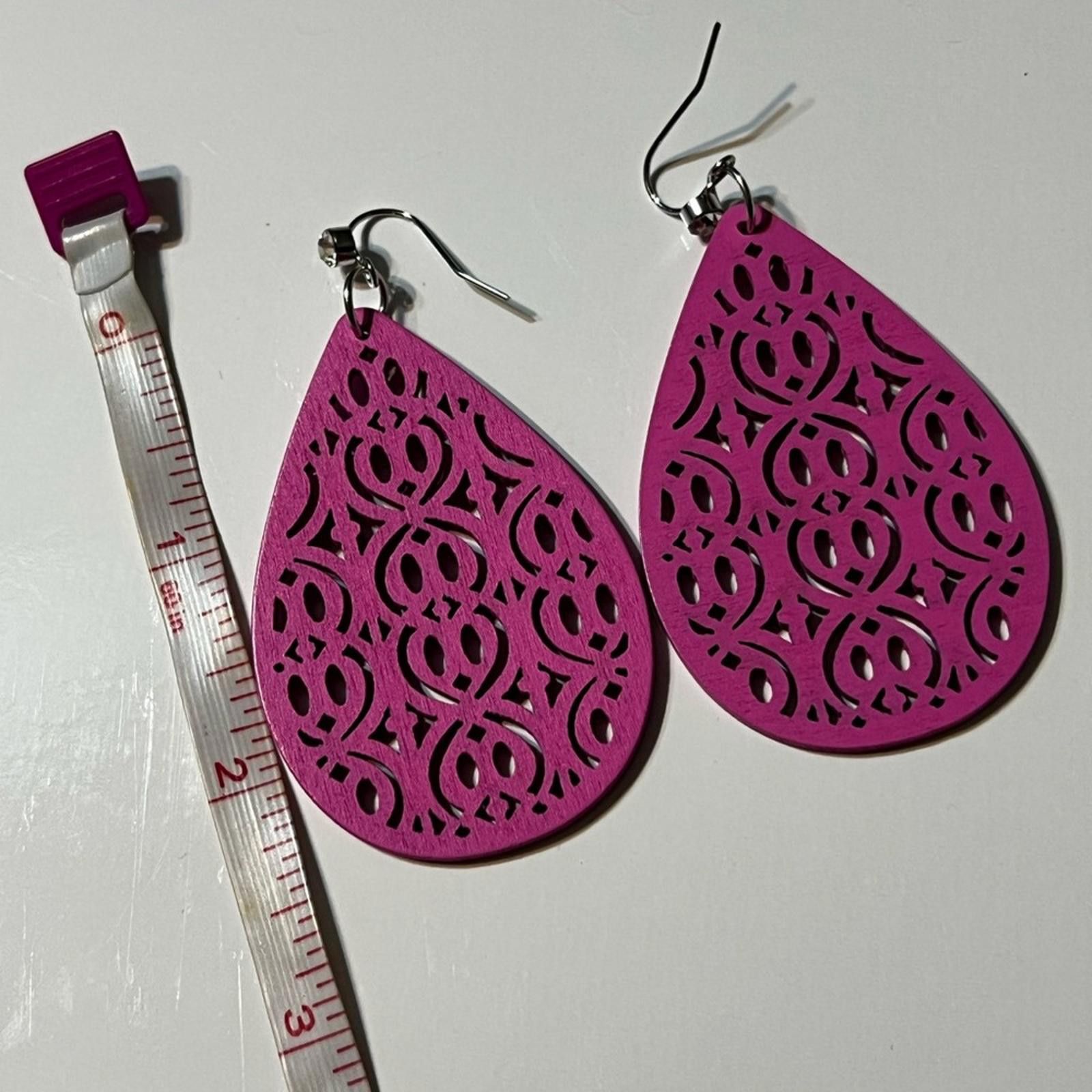 Handmade Pink Teardrop Laser Cut Wooden Earrings Size ONE SIZE - 3 Thumbnail