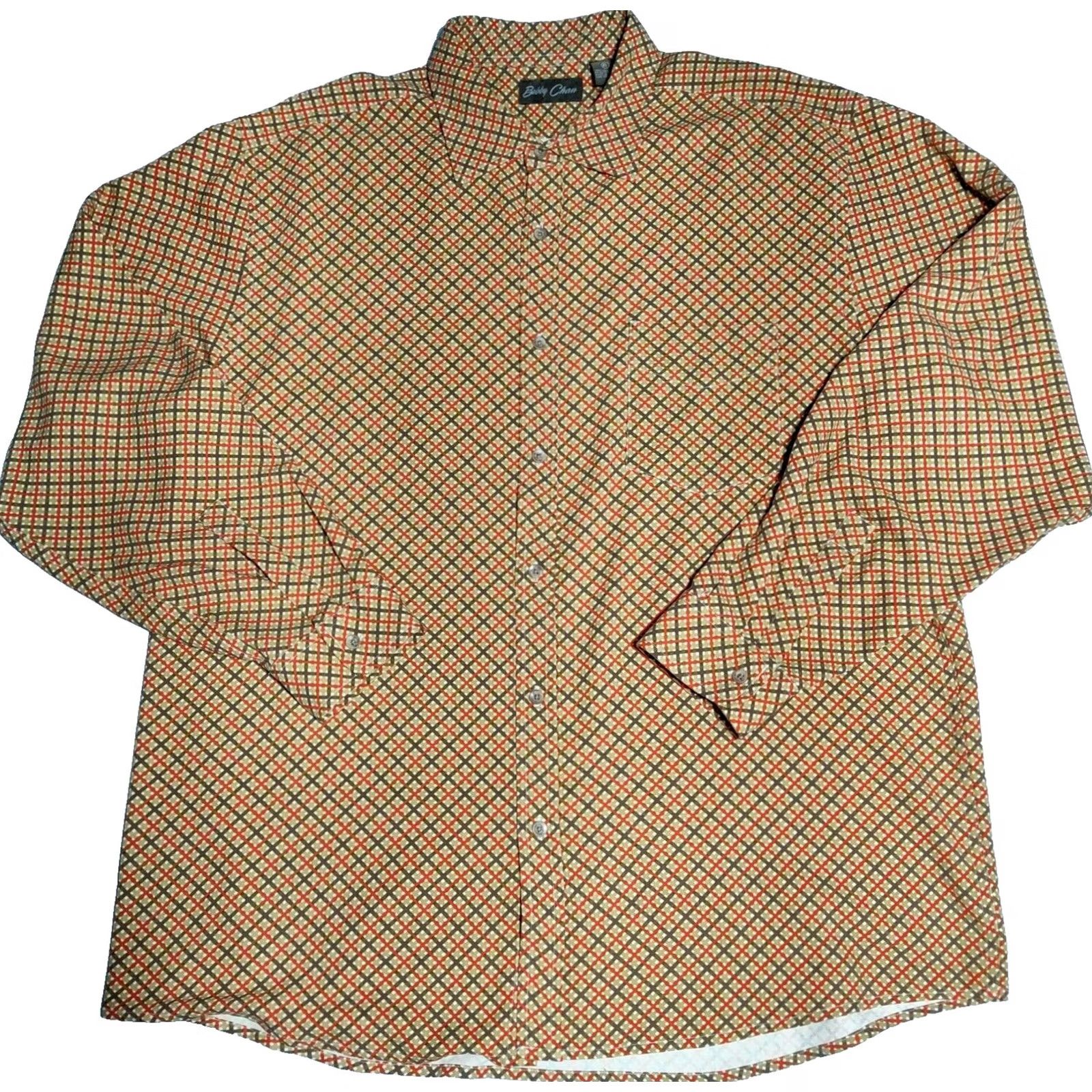 Vintage Bobby Chan Silk Button-Up Shirt XL Orange Brown Diagonal Check Men EUC Size US XL / EU 56 / 4 - 2 Thumbnail