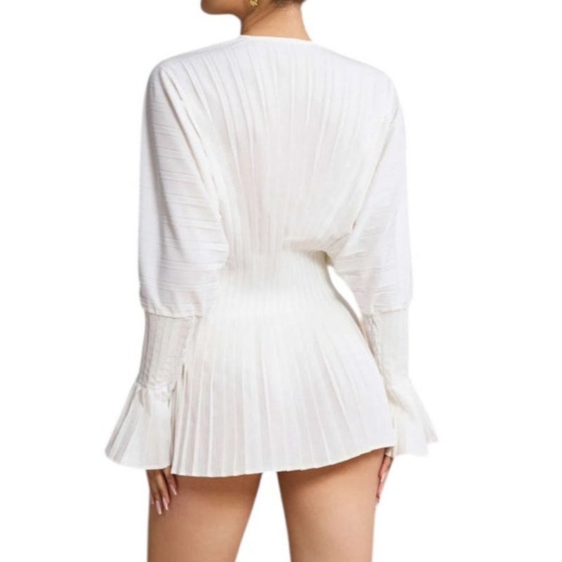 Other Commense Pleated Bell Sleeve V-Neck Twill Cloth Mini Dress Size S / US 4 / IT 40 - 4 Thumbnail