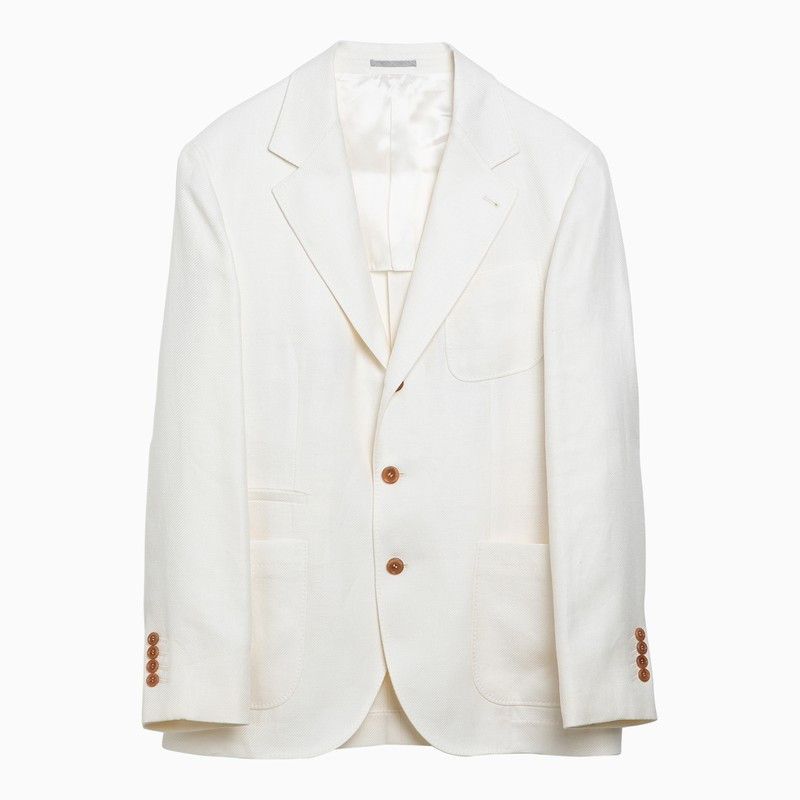 image of Brunello Cucinelli Single-Breasted White Linen Jacket, Men's (Size Large)