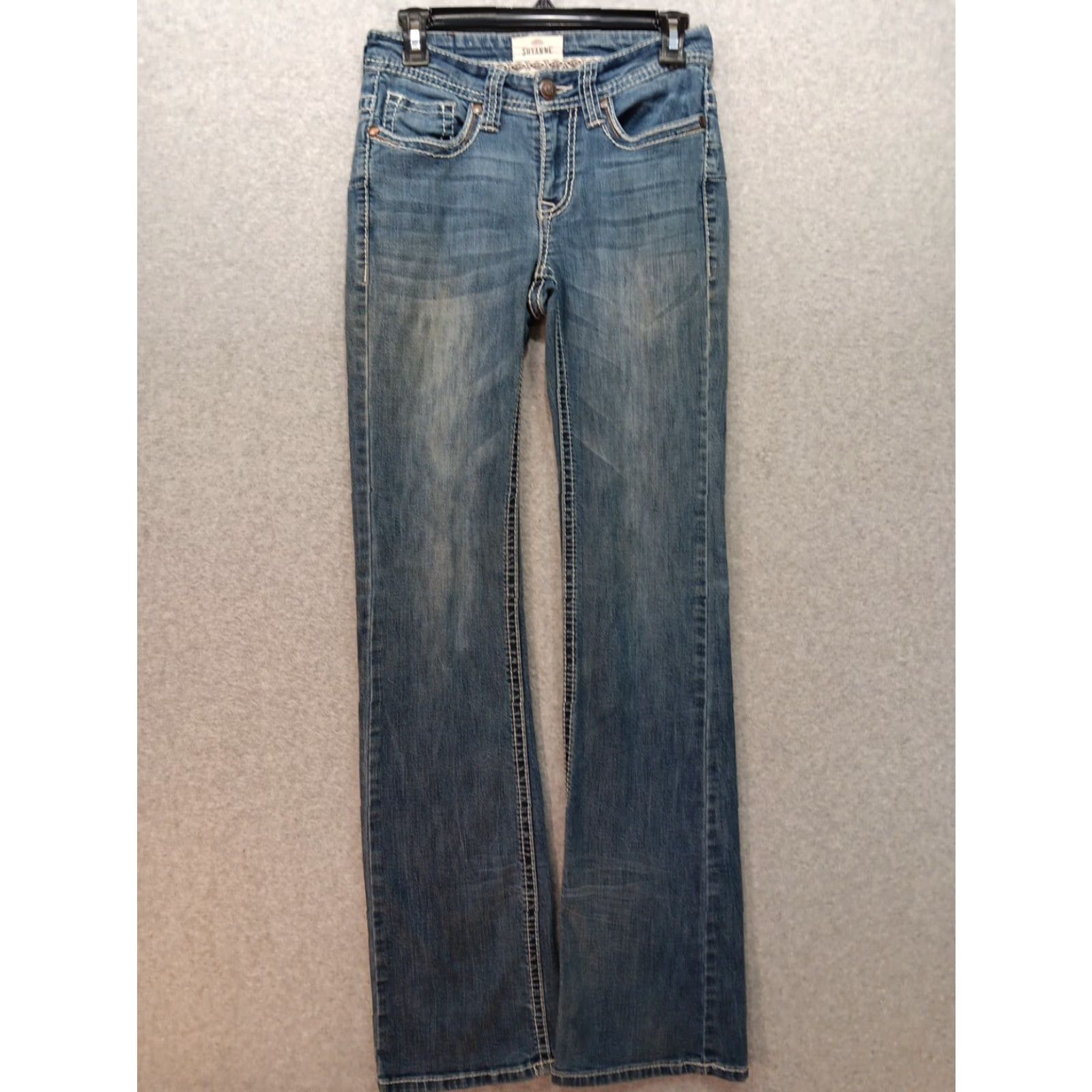 Vintage Shyanne Jeans Women Boots Cut Denim 27 Blue Medium Wash Slim 31 Inseam 5-Pocket Zip Button Distressed No N/A Size 27" / US 4 / IT 40 - 2 Thumbnail