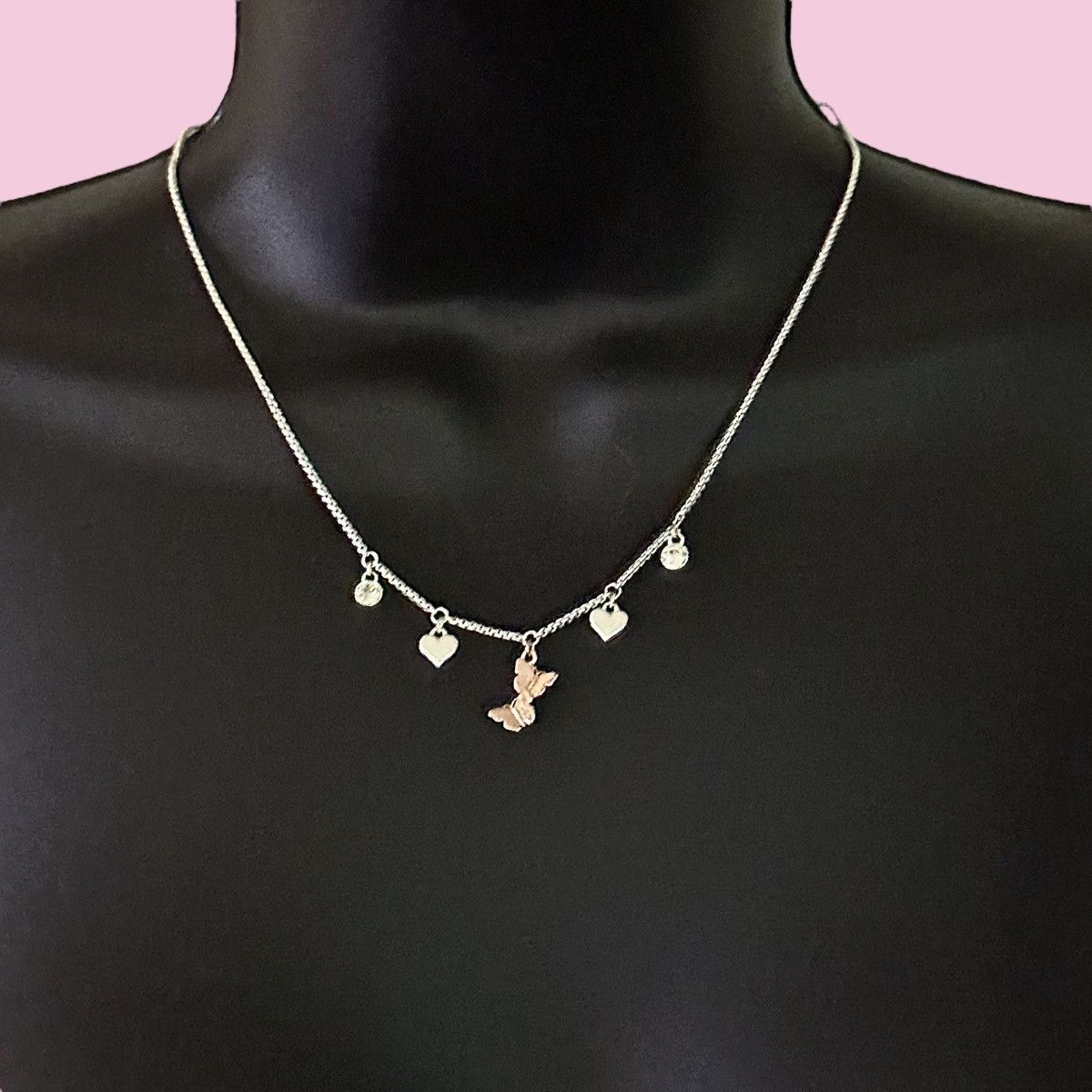 Other Silver hearts, crystals & rose gold butterfly charm necklace Size ONE SIZE - 1 Thumbnail