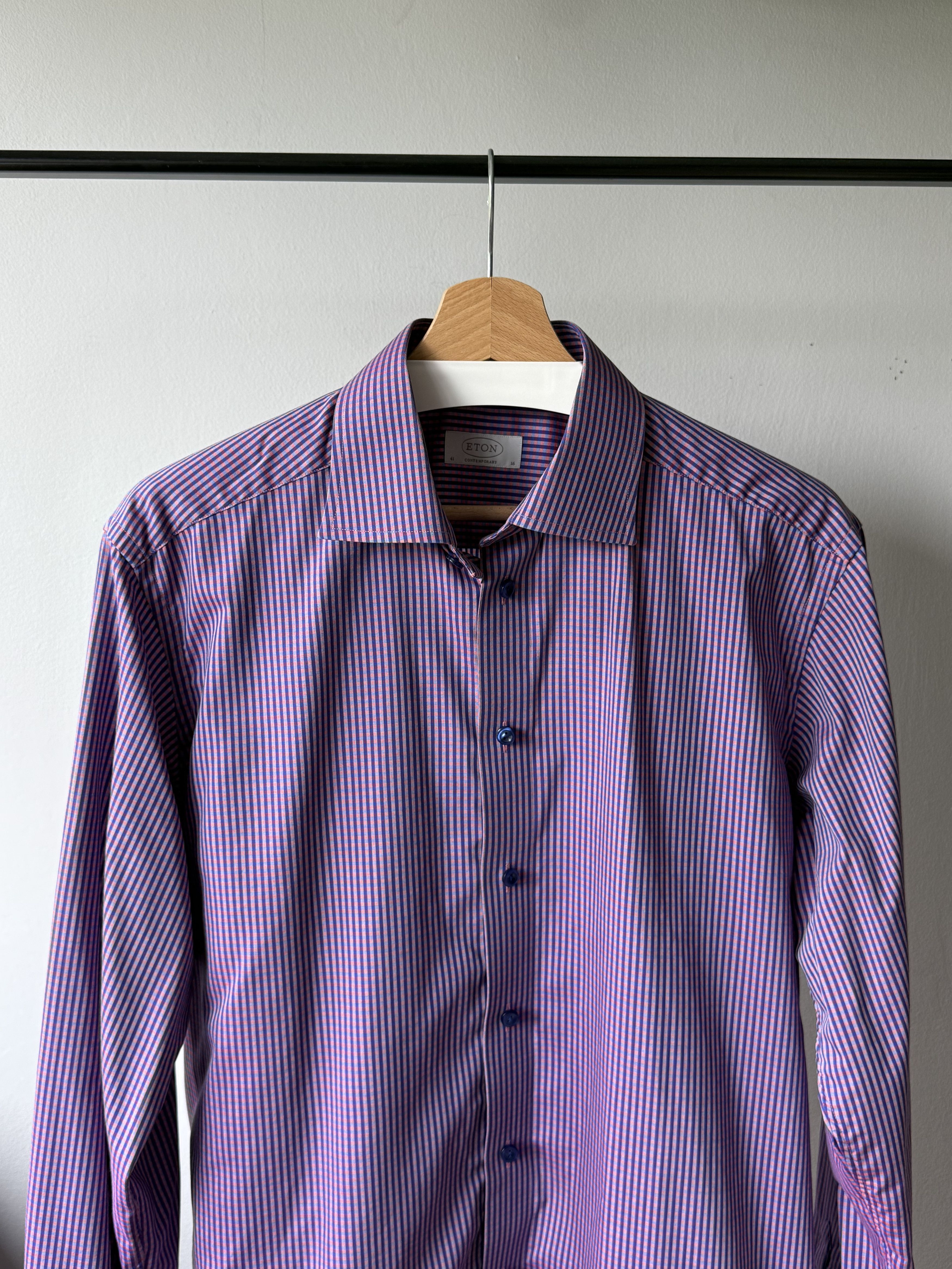 Eton Eton Contemporary Fit Purple Checked Cotton L/S Dress Shirt Size US L / EU 52-54 / 3 - 3 Thumbnail